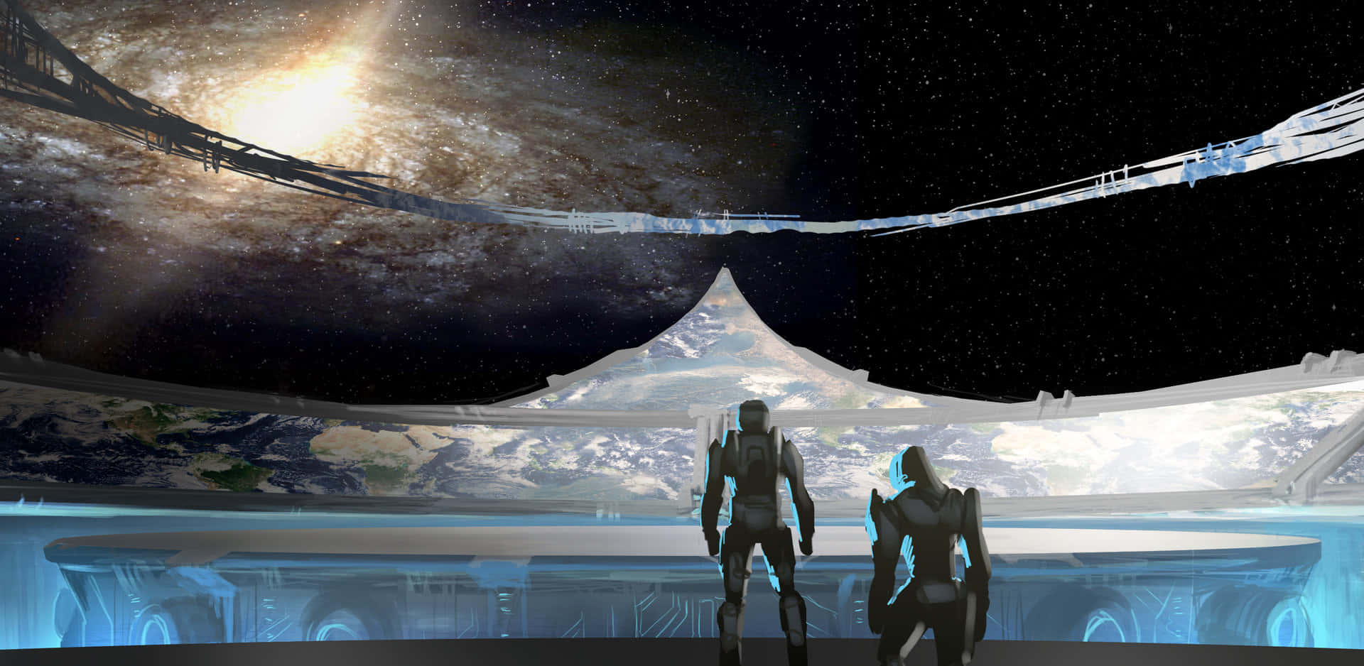 Halo Ark, futuristic observation deck, swirling galaxy, Full HD Desktop Wallpaper