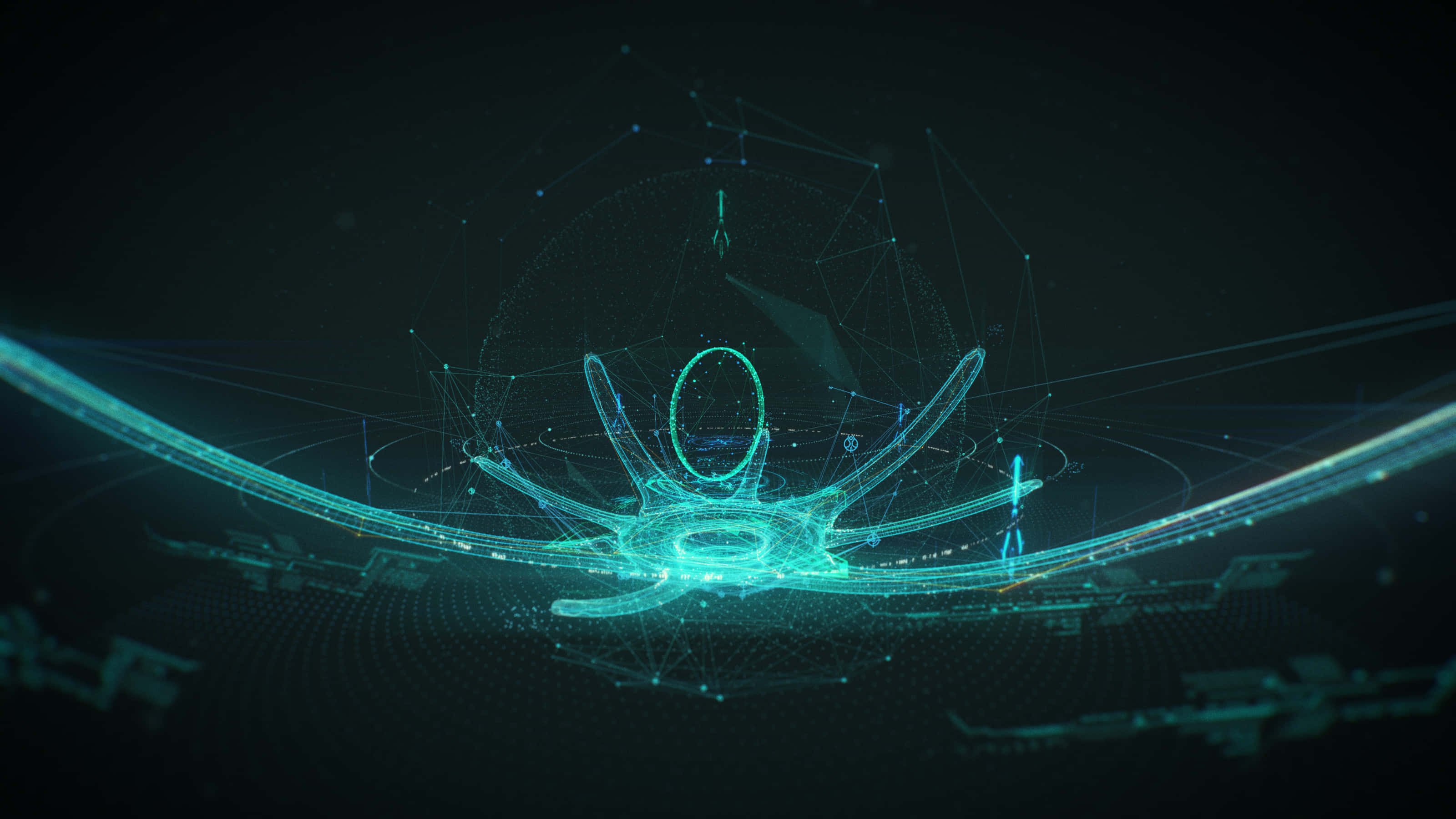 Halo Ark, teal, digital network structure, 2K Desktop Wallpaper