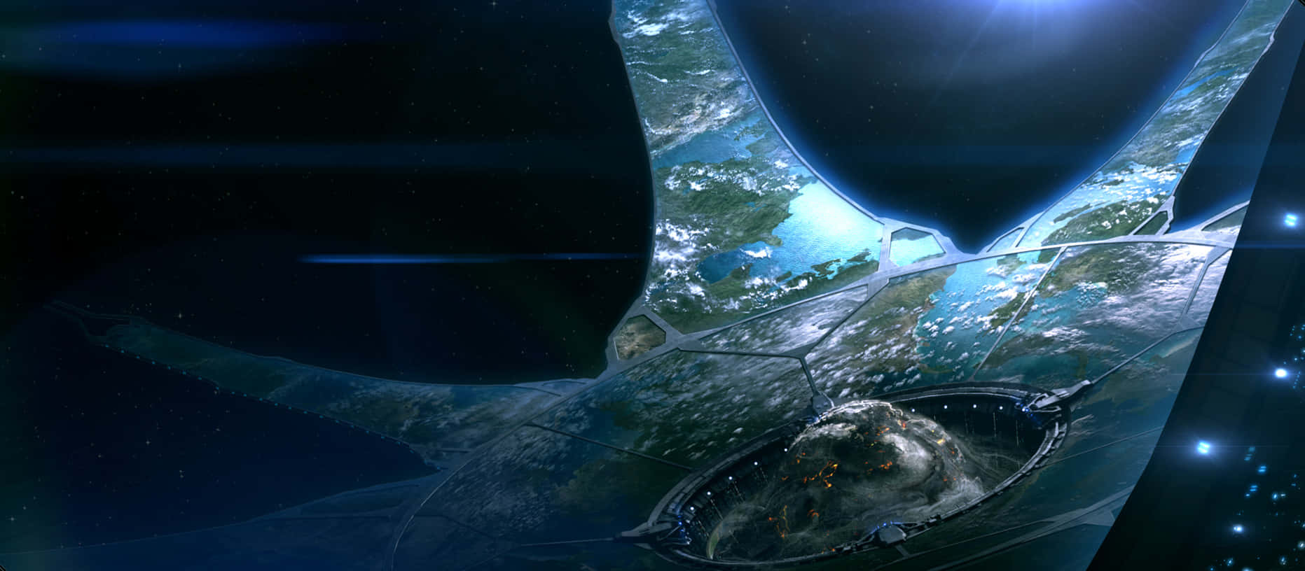 Halo Ark, futuristic space station, glowing blue lights, HD Desktop Wallpaper