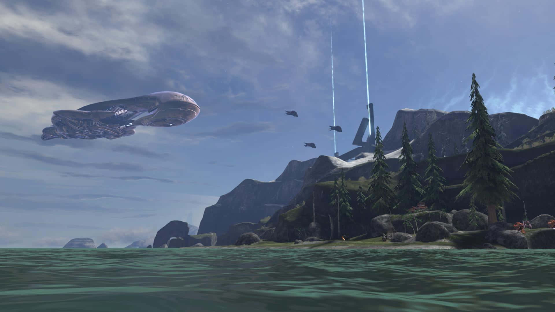 Halo Ark, futuristic spaceship, mountainous coastline, Full HD Desktop Wallpaper