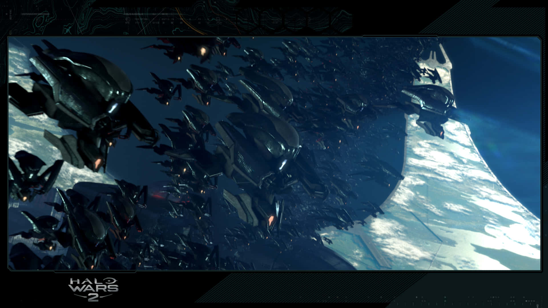 Halo Ark, sleek black warships, glowing orange engines, Full HD Desktop Wallpaper