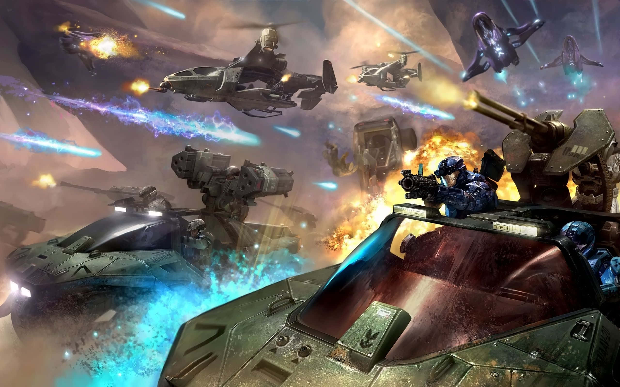 Halo Battle, futuristic armored vehicles, flying combat craft, 2K Desktop Wallpaper