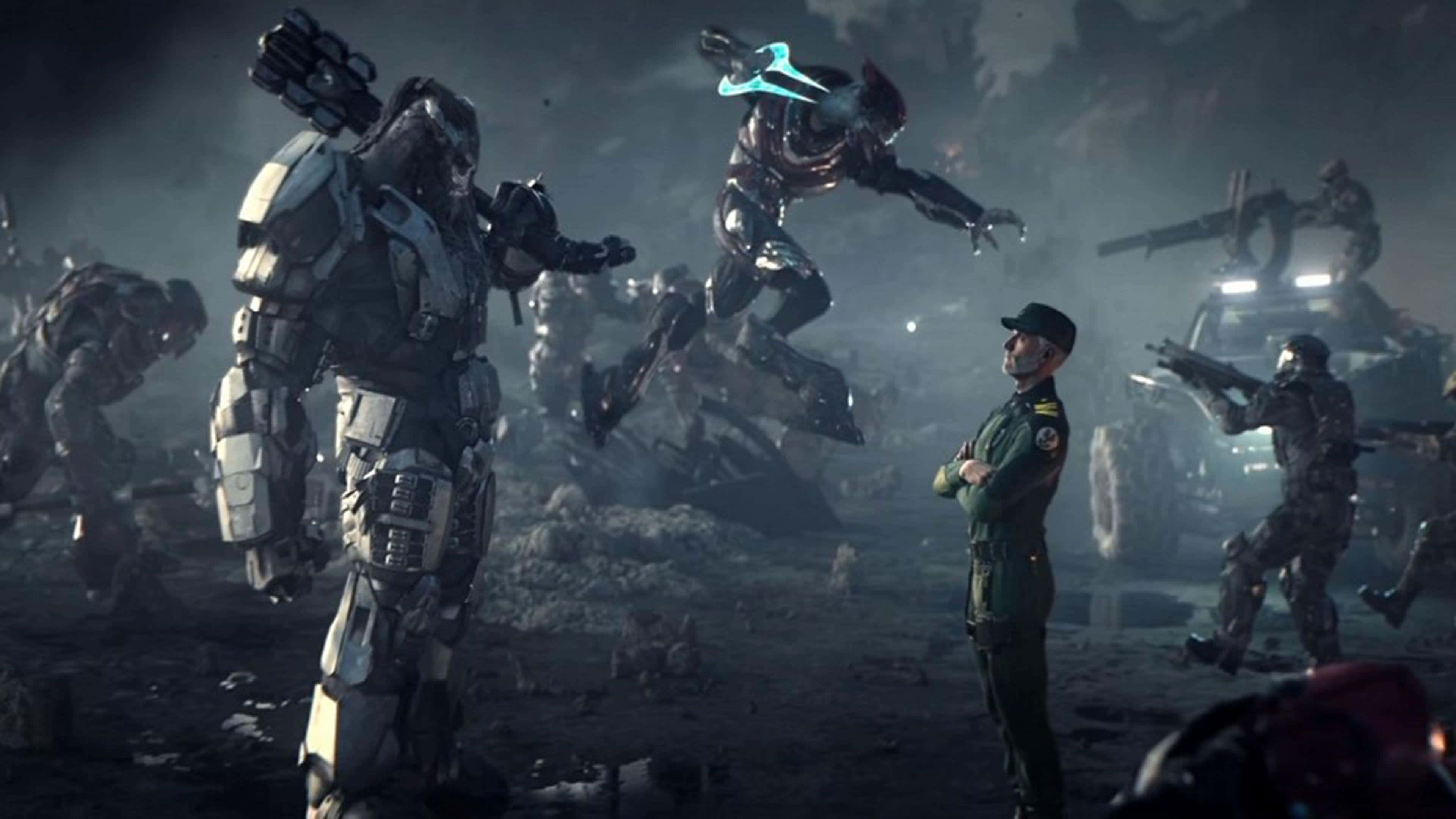 Halo Battle, soldier, towering armored warriors, 4K Desktop Wallpaper