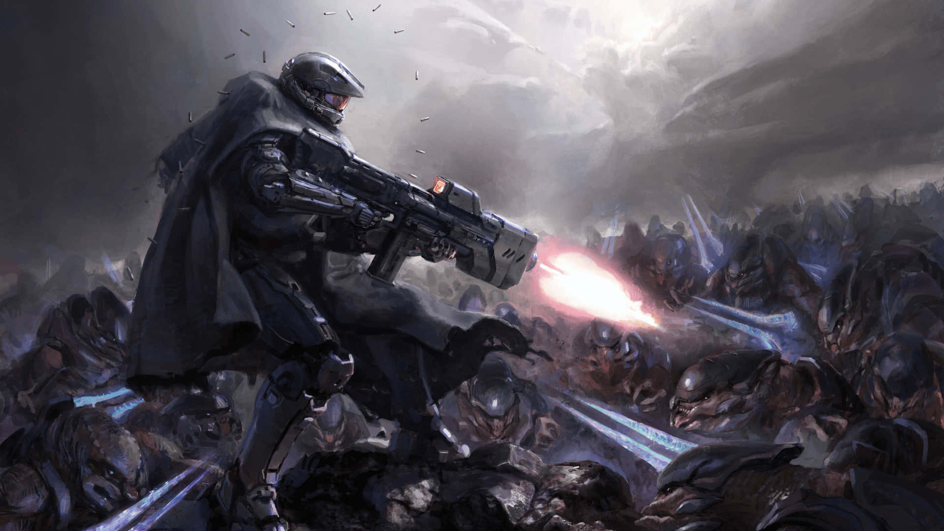 Halo Battle, armored soldier, glowing weapon, Full HD Desktop Wallpaper