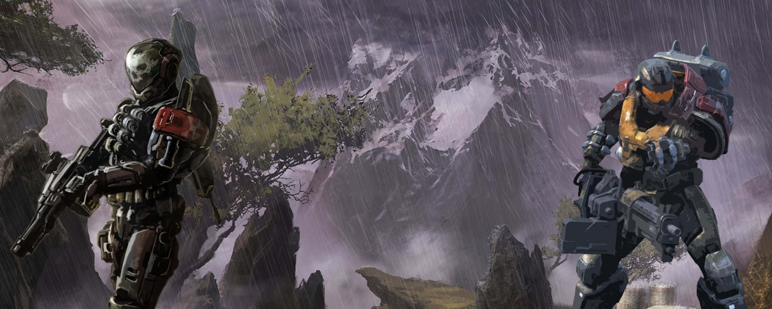Halo Battle, armored soldiers, rain-soaked mountainous terrain, 2K Desktop Wallpaper