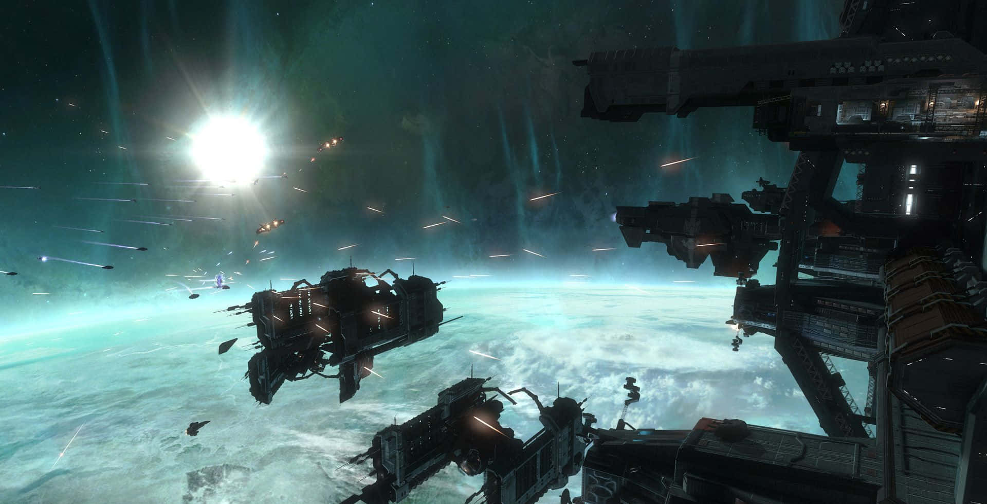 Halo Battle, futuristic warships, glowing planet, Full HD Desktop Wallpaper