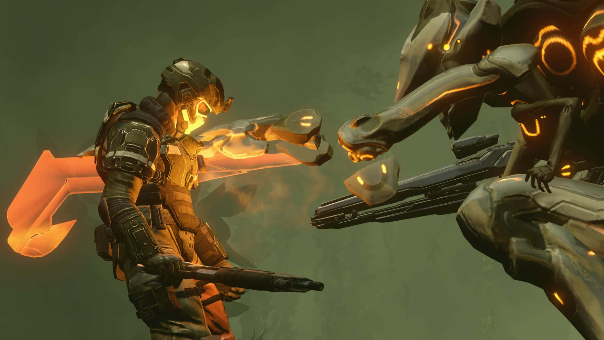 Halo Battle, glowing orange armor, biomechanical alien, Full HD Desktop Wallpaper