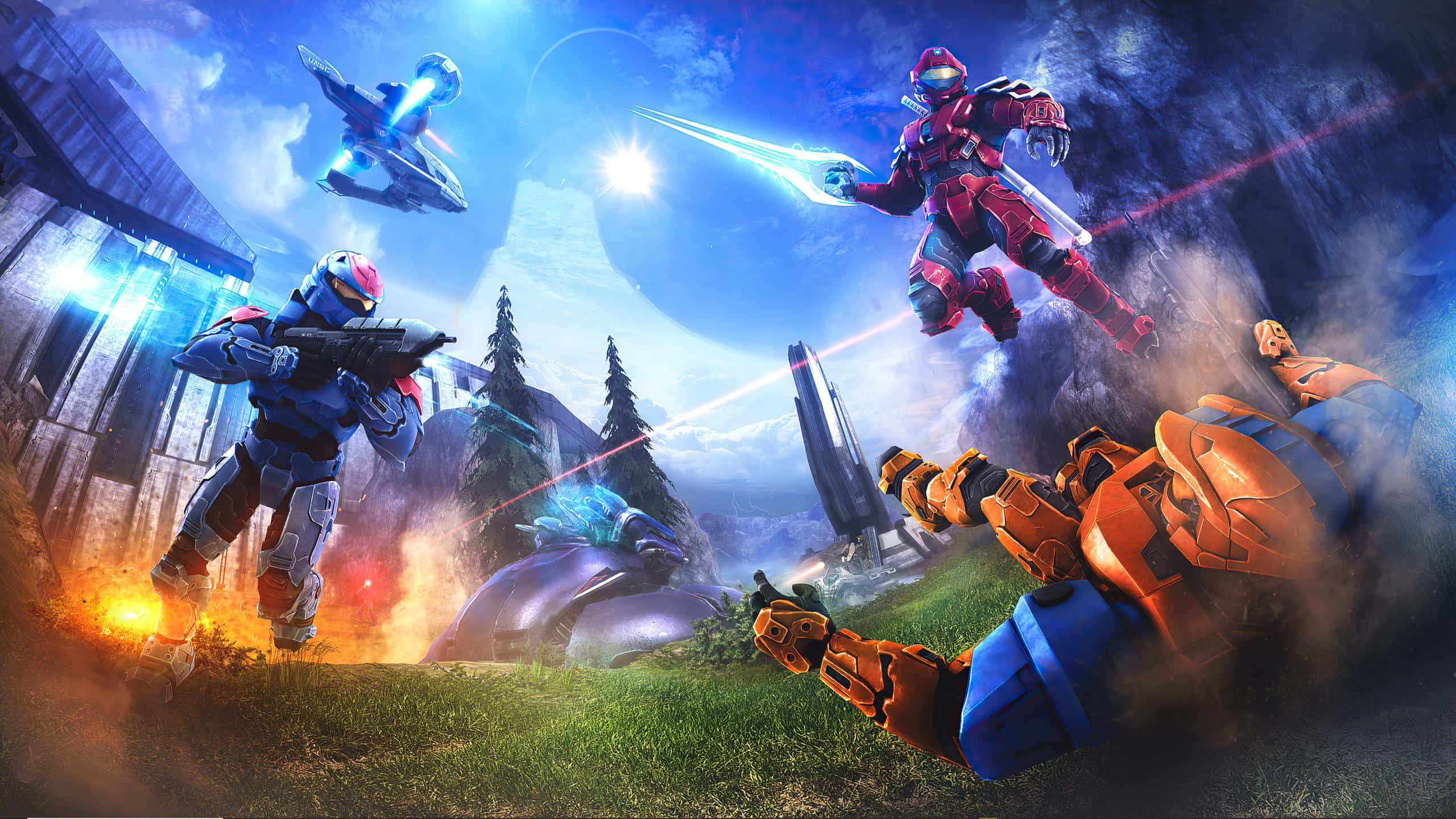 Halo Battle, armored soldiers, futuristic weapons, 2K Desktop Wallpaper