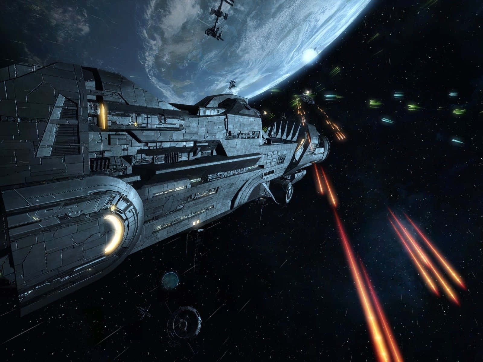 Halo Battle, futuristic spaceship, glowing orange lasers, HD Desktop Wallpaper