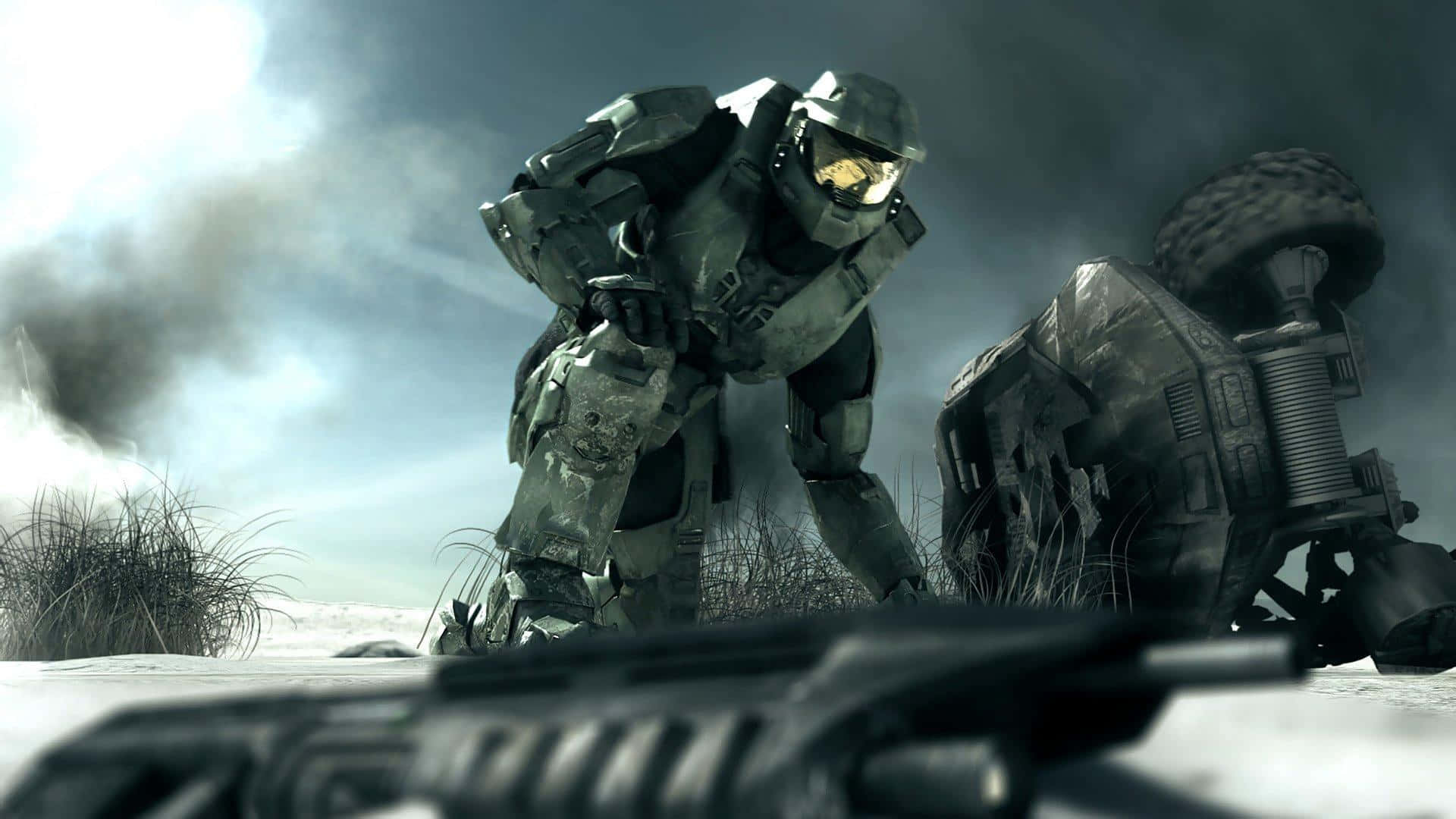 Halo, soldier in heavy armor, wrecked vehicle, Full HD Desktop Wallpaper