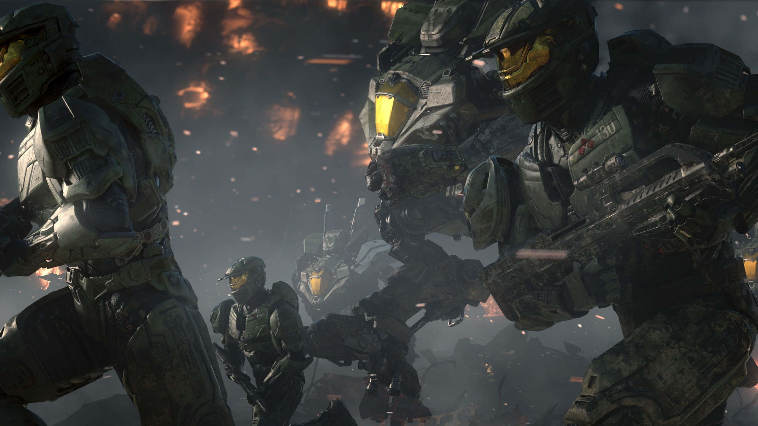 Halo Battle, futuristic armor, fiery explosions, 2K Desktop Wallpaper