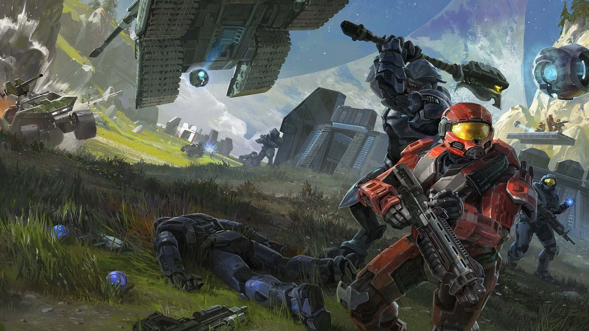 Halo Battle, red-armored soldier, grassy battlefield, Full HD Desktop Wallpaper
