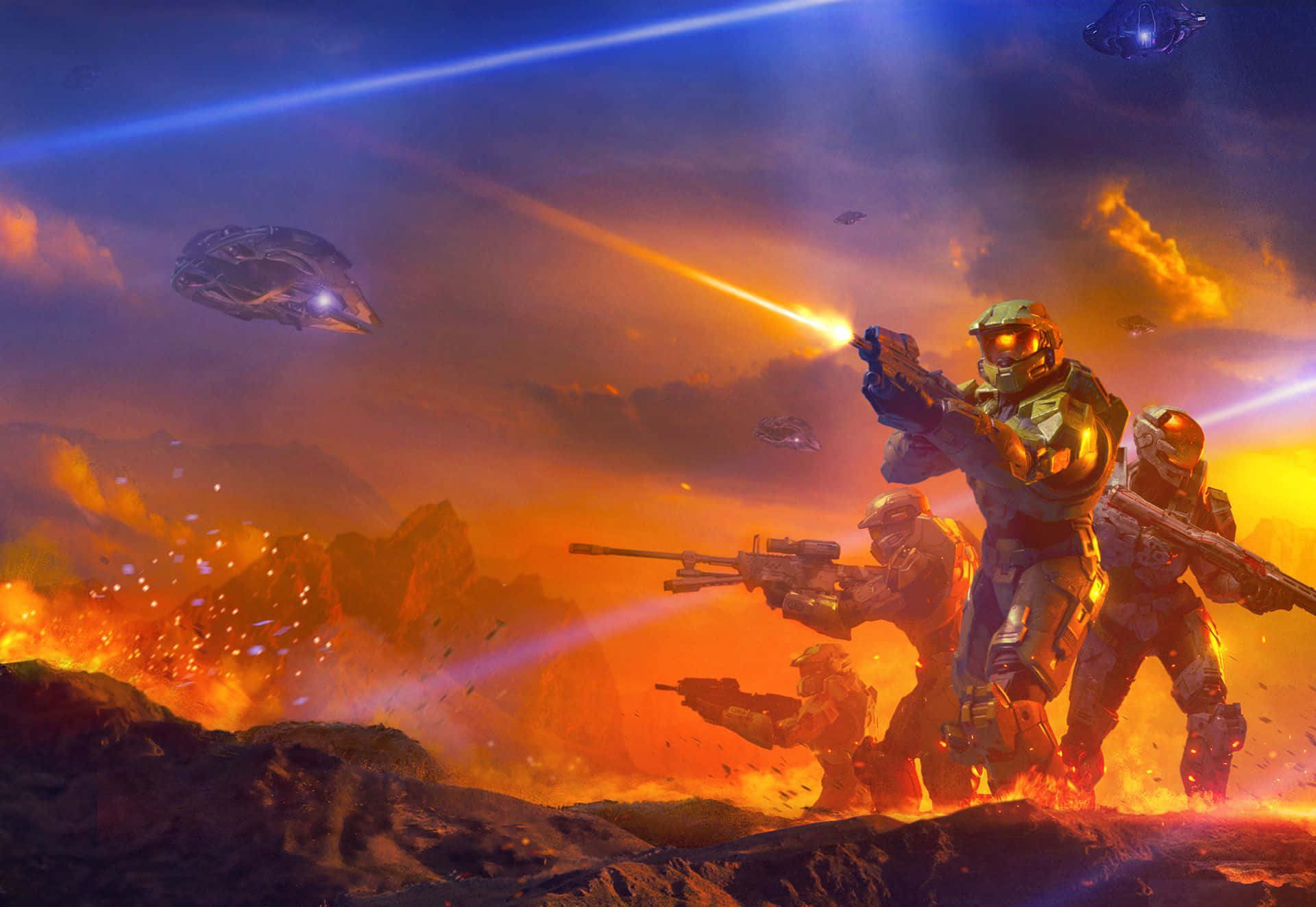 Halo Battle, futuristic armor, fiery explosions, Full HD Desktop Wallpaper