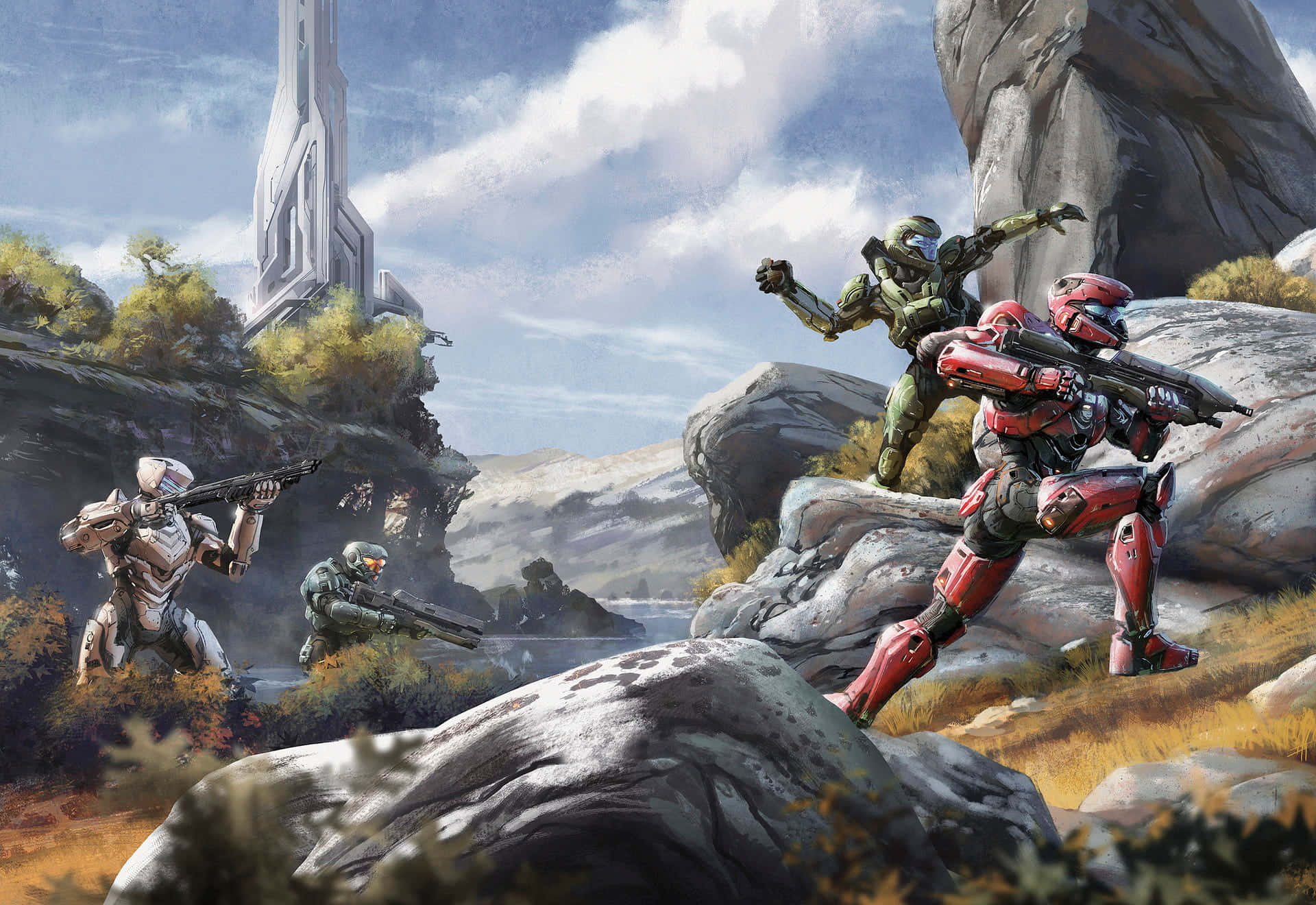 Halo Battle, futuristic armor, rocky alien landscape, Full HD Desktop Wallpaper