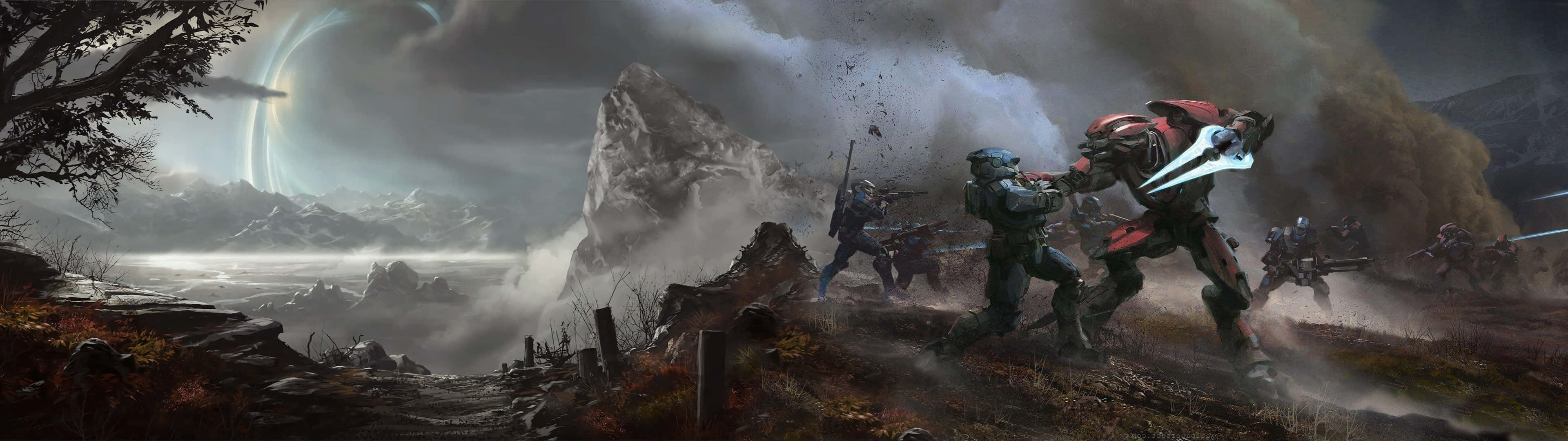 Halo Battle, futuristic armor, stormy alien landscape, 4K Desktop Wallpaper