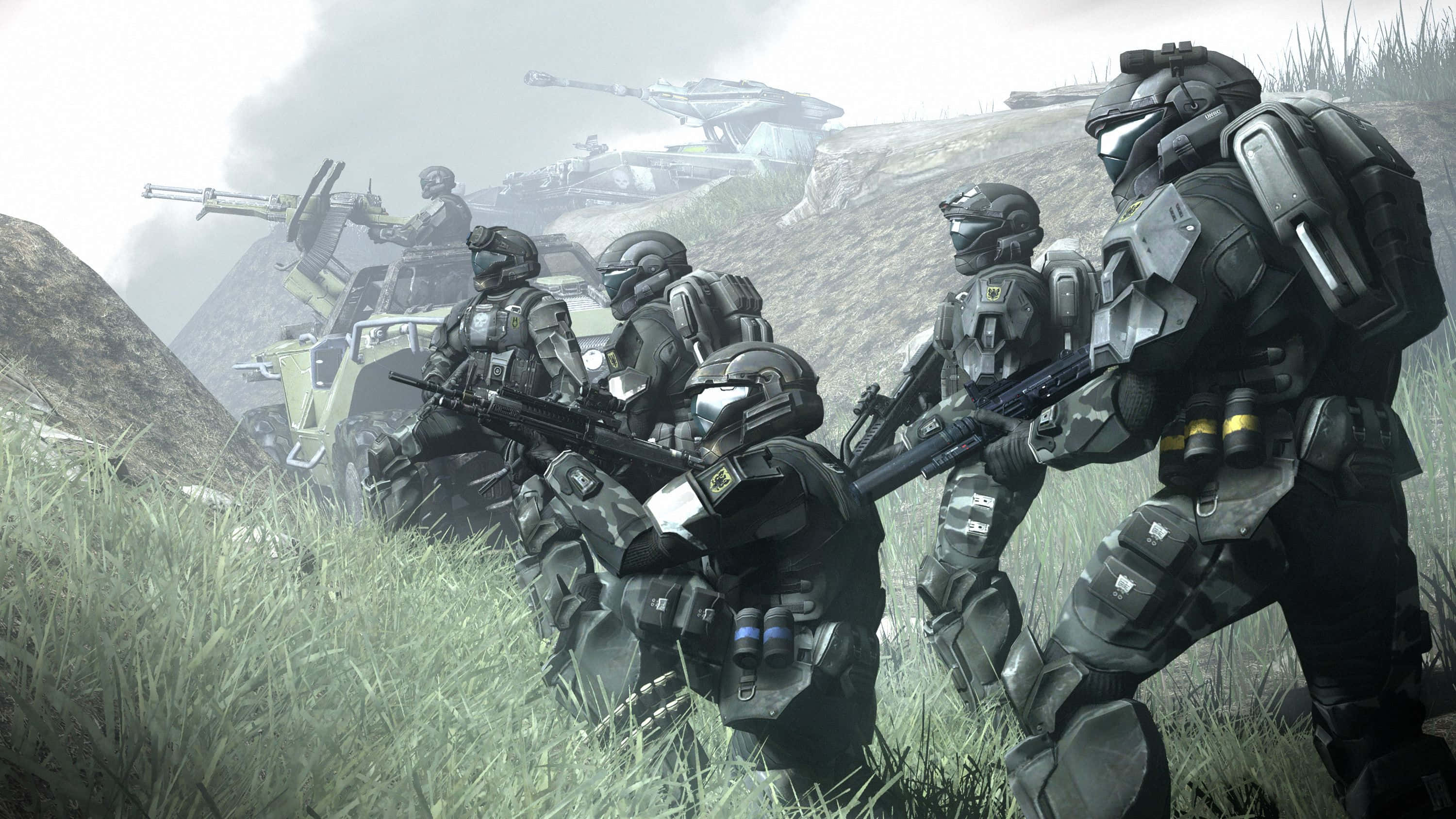 Halo Battle, futuristic armor, misty grass, 2K Desktop Wallpaper