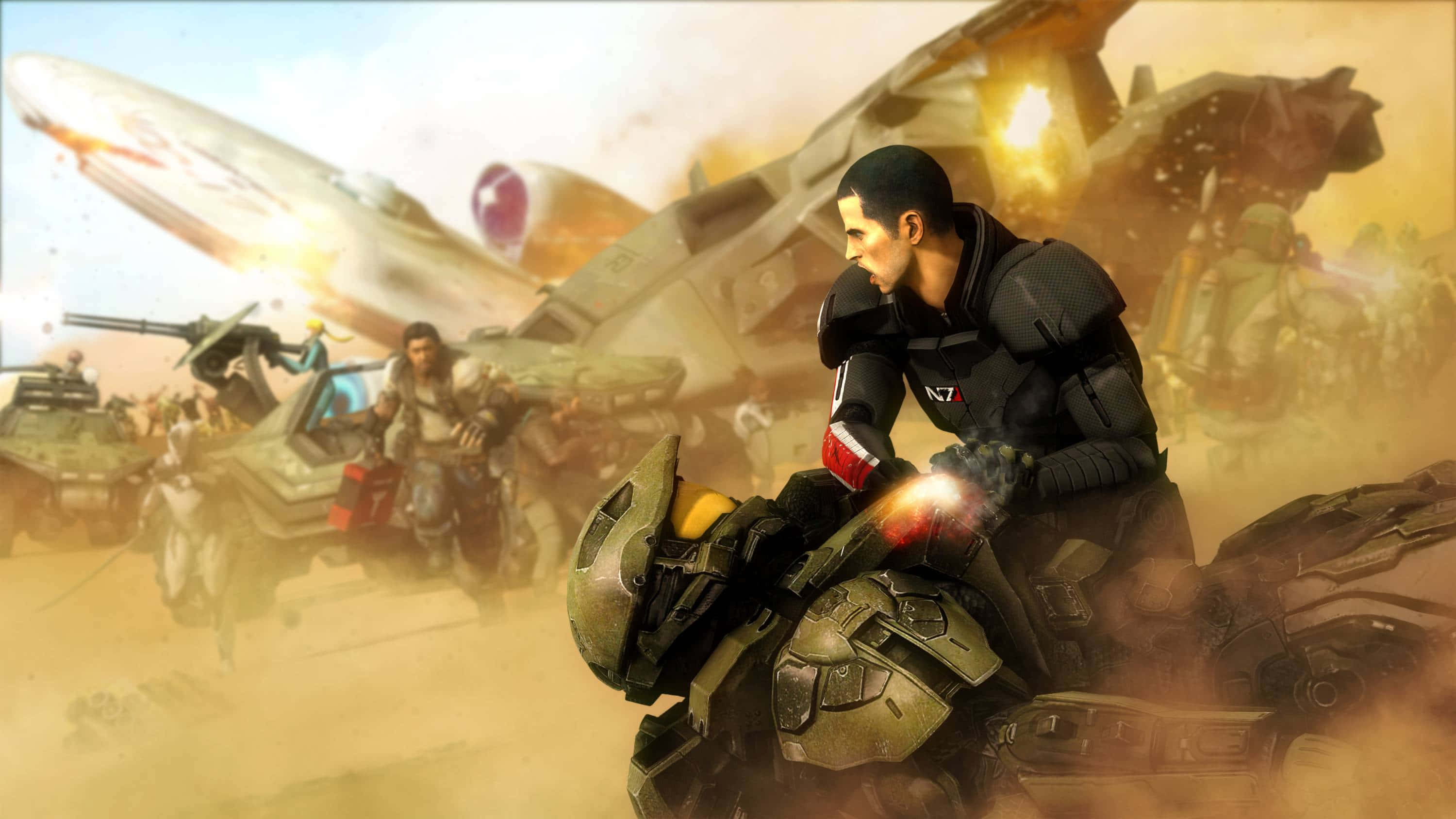 Halo Battle, black armor, futuristic motorcycle, 2K Desktop Wallpaper