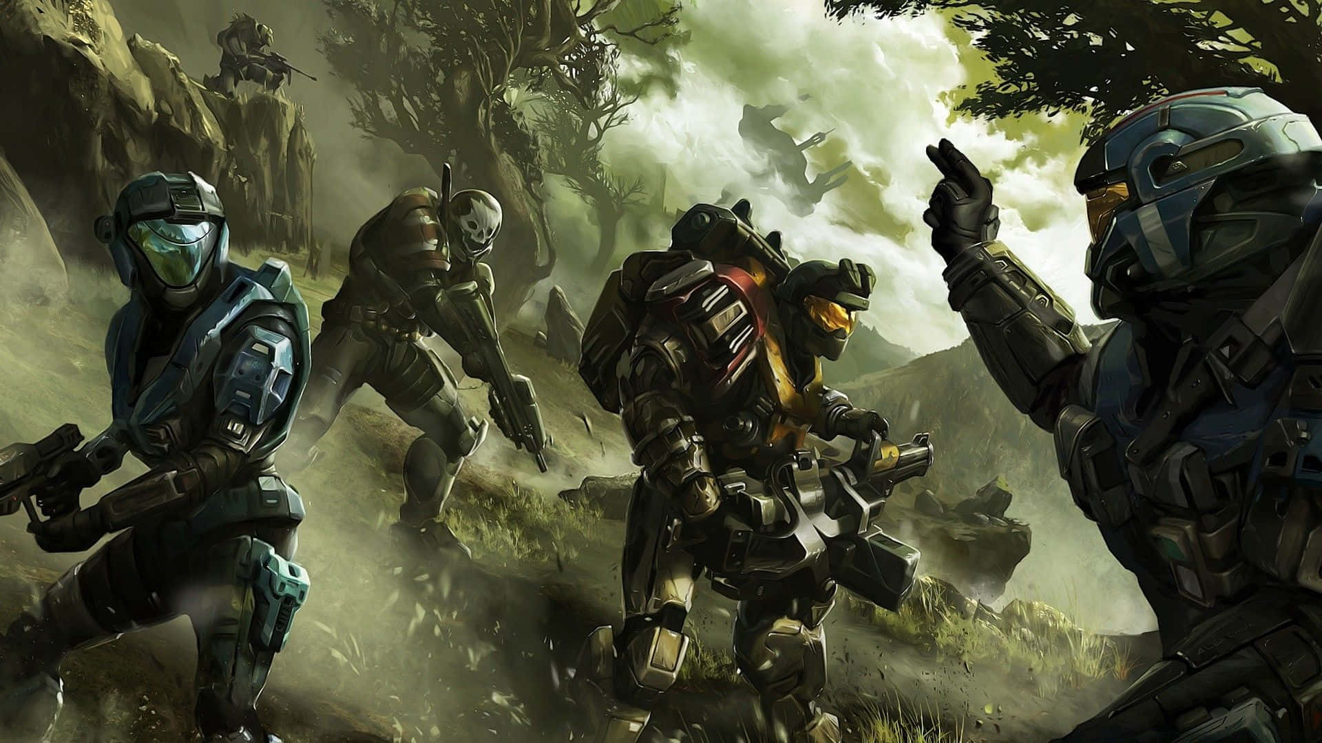 Halo Battle, futuristic armor, misty forest battlefield, Full HD Desktop Wallpaper