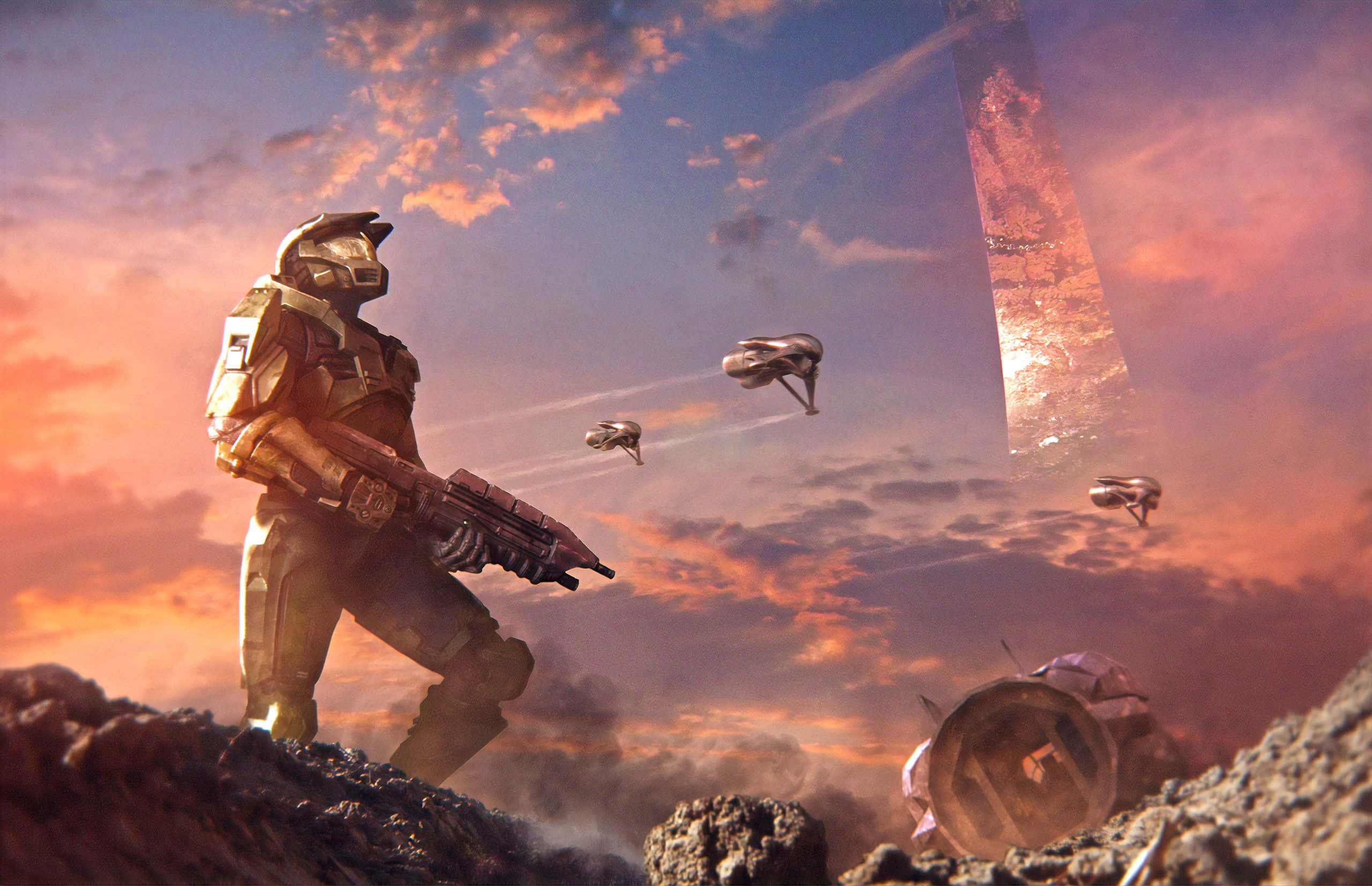 Halo Battle, rocky alien planet, sunset, 2K Desktop Wallpaper