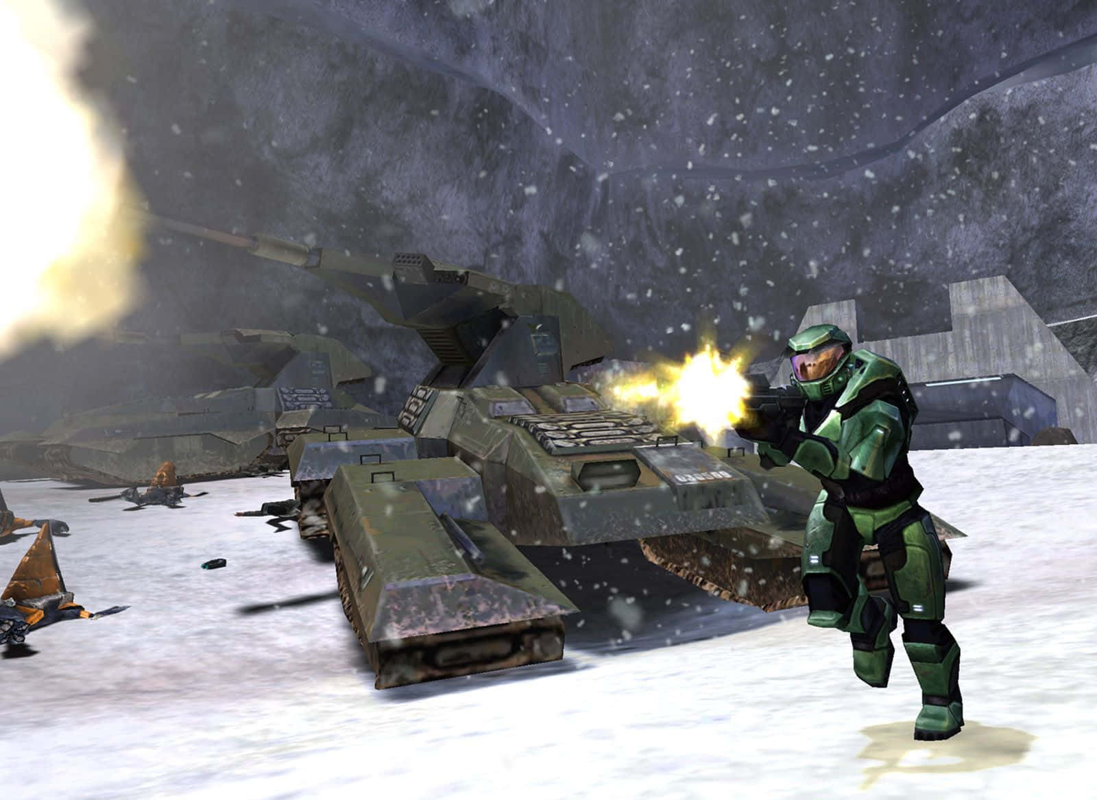 Halo Battle, green armor, snow-covered tank, HD Desktop Wallpaper