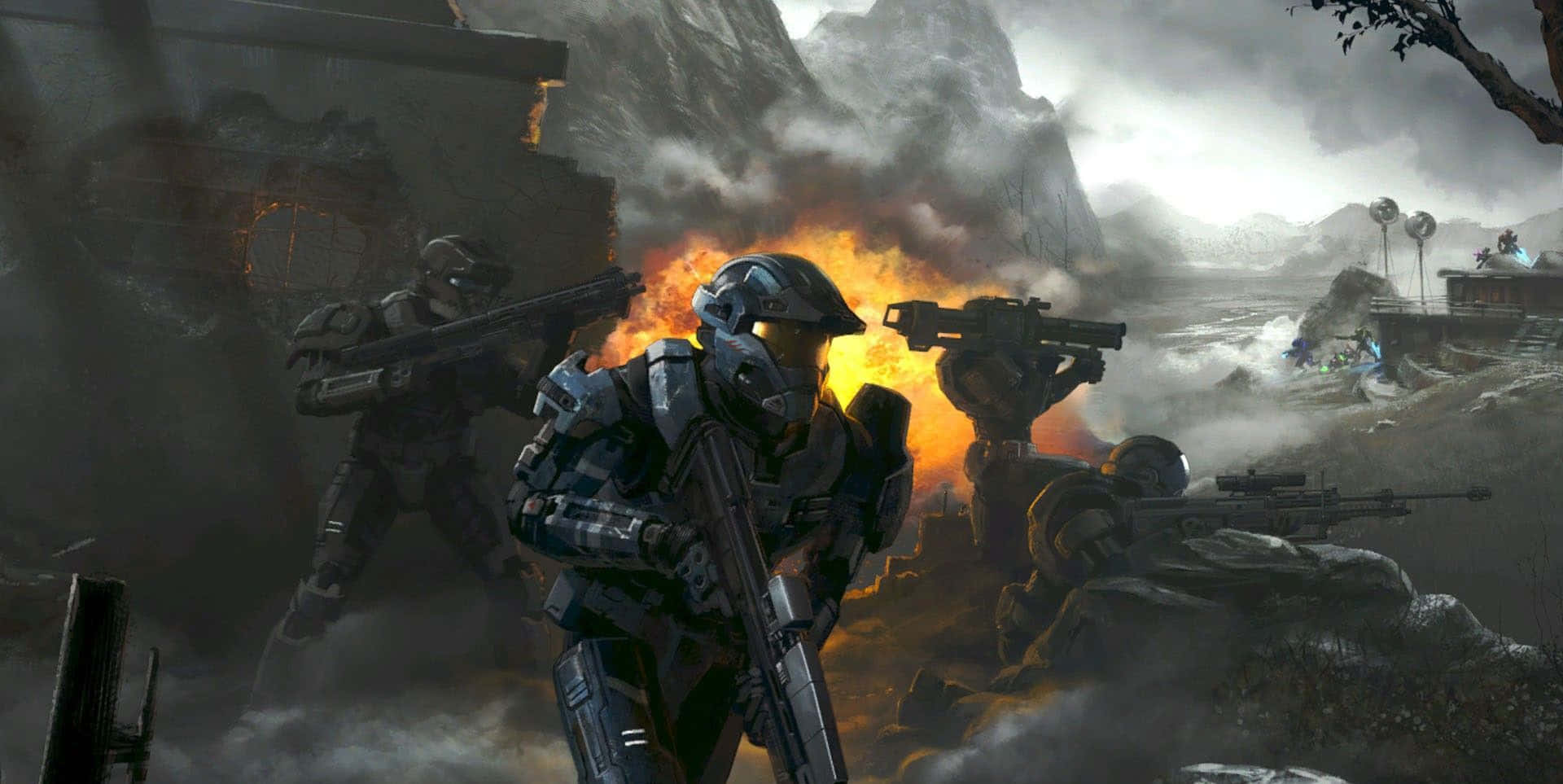 Halo Battle, futuristic armor, fiery explosions, Full HD Desktop Wallpaper