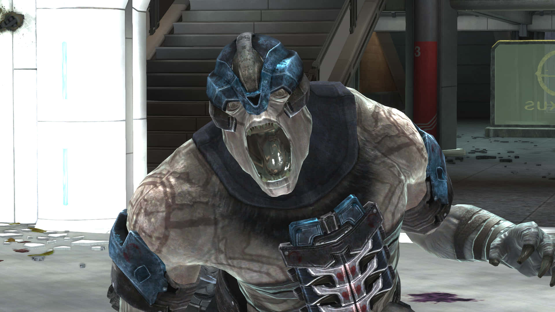 Halo Brutes, futuristic urban corridor, armored alien creature, Full HD Desktop Wallpaper