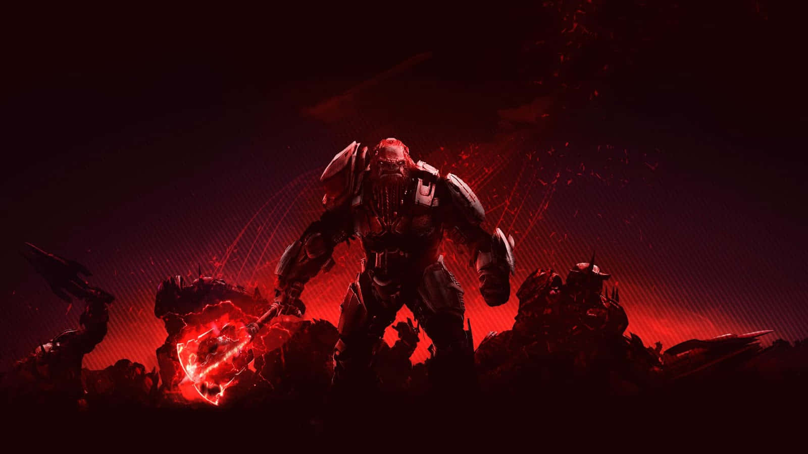 Halo Brutes, glowing red weapon, dark battlefield, HD Desktop Wallpaper