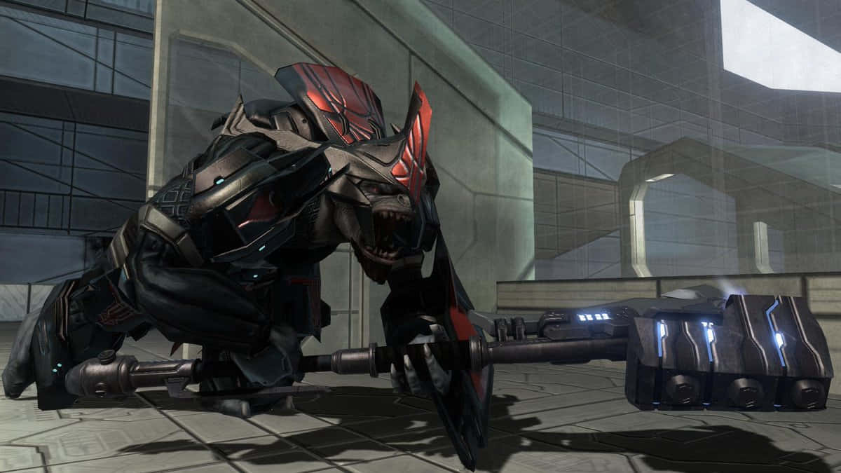 Halo Brutes, glowing red accents, futuristic urban plaza, SD Desktop Wallpaper