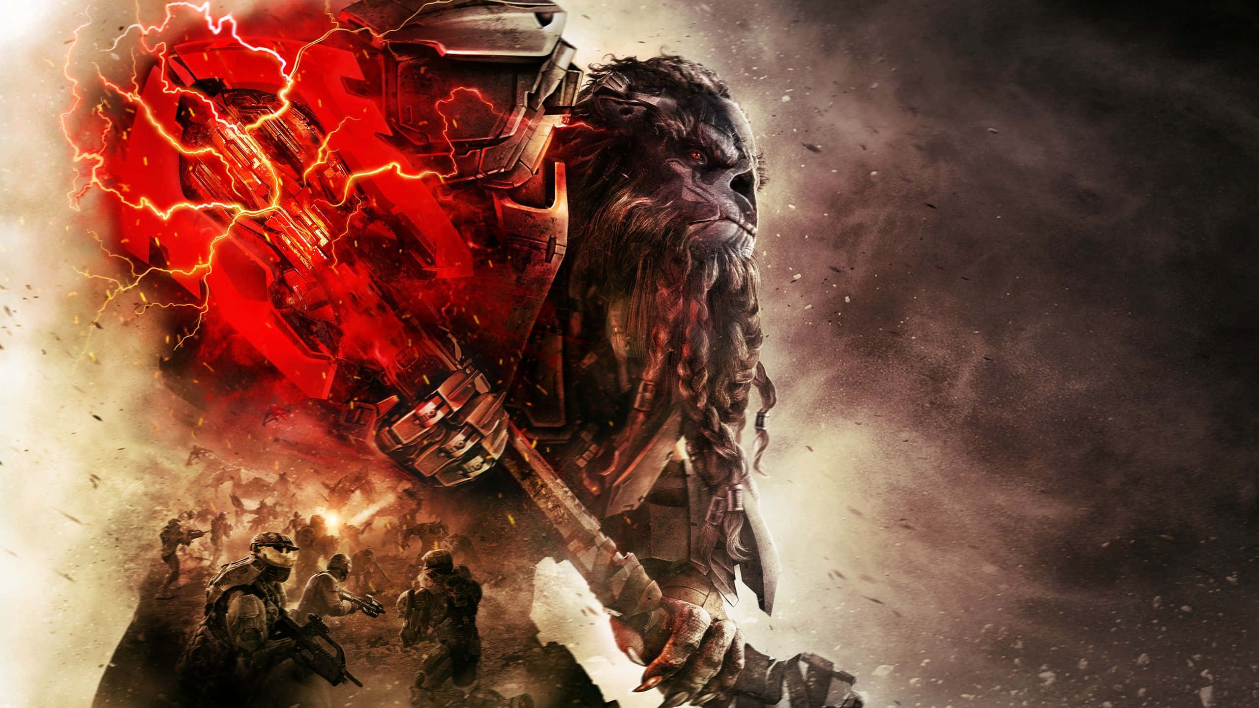 Halo Brutes, glowing red energy weapon, armored ape, 2K Desktop Wallpaper