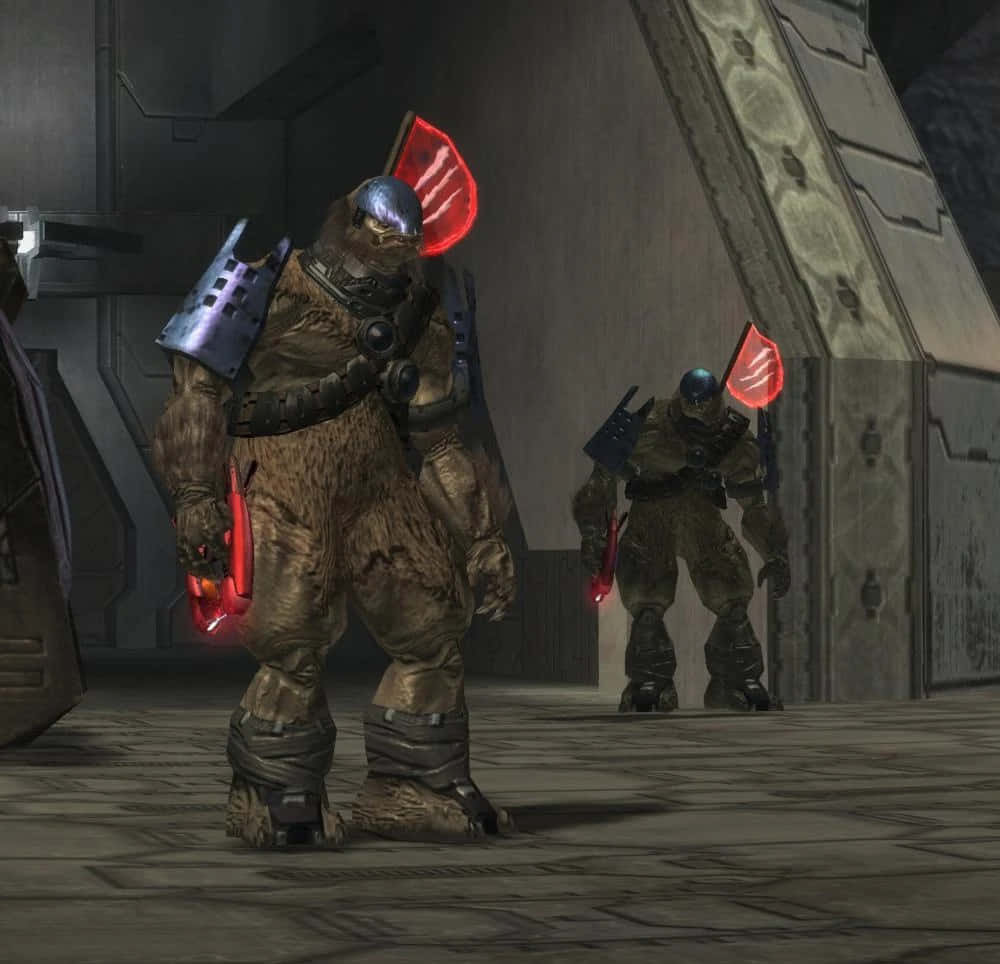 Halo Brutes, glowing red weapons, dim futuristic corridor, SD Desktop Wallpaper