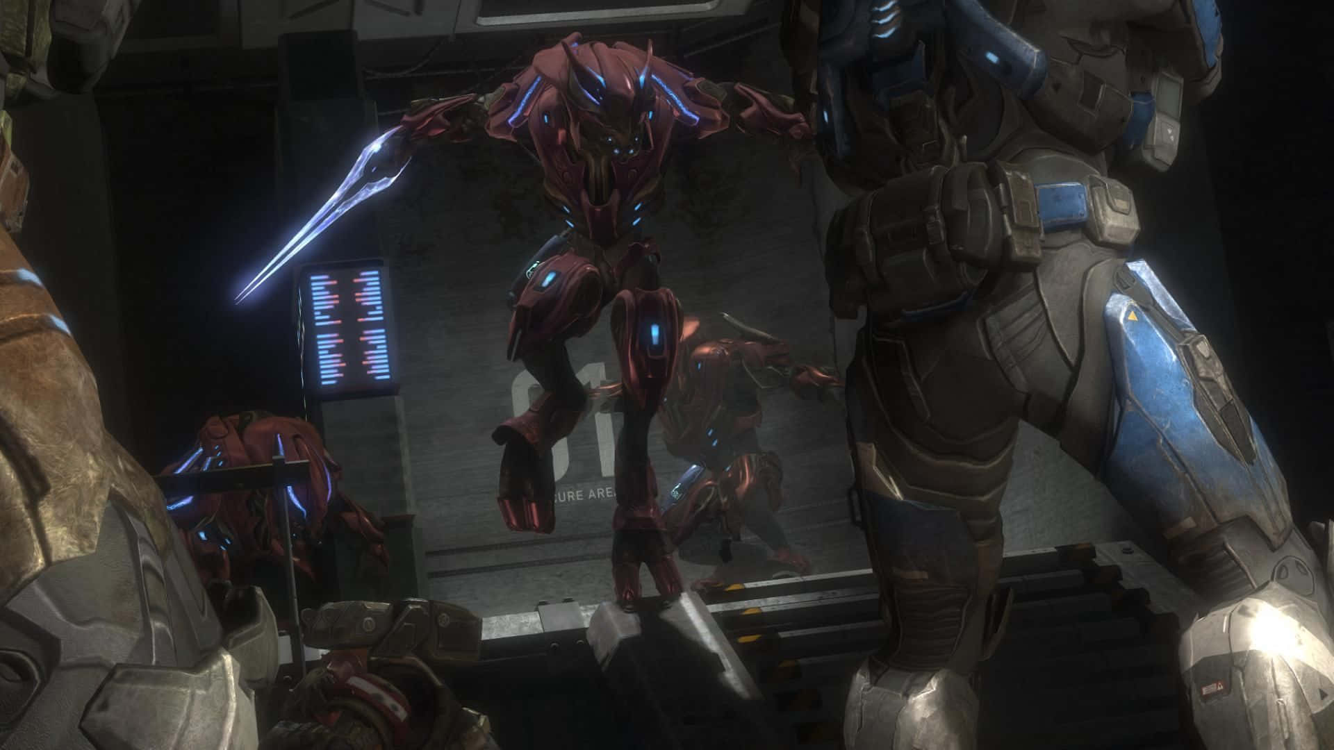 Halo Covenant, red armored alien warrior, glowing blue accents, Full HD Desktop Wallpaper