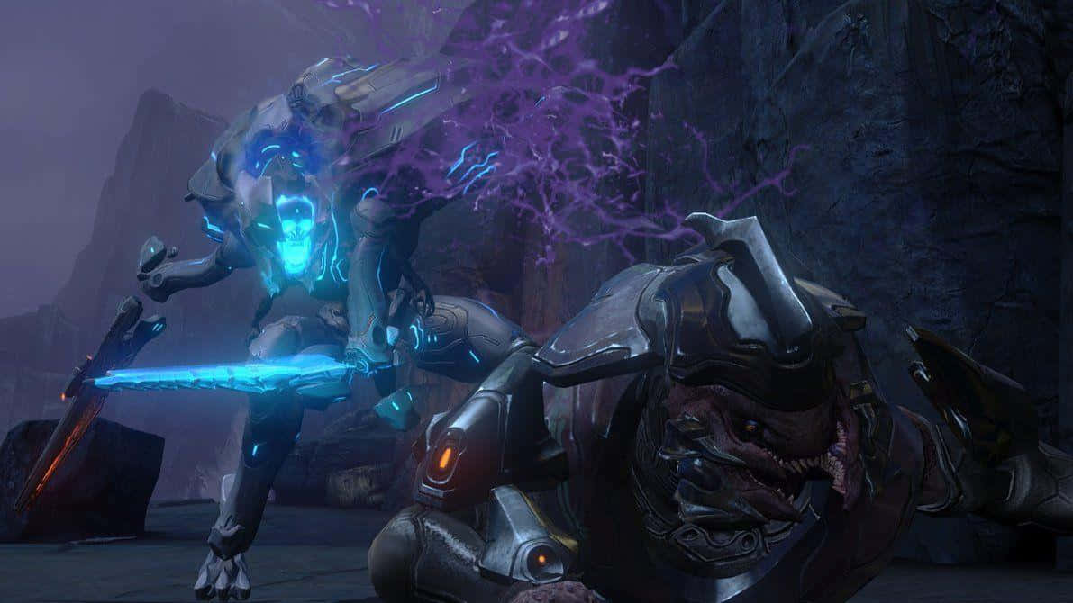 Halo Covenant, blue-armored warrior, purple energy, SD Desktop Wallpaper