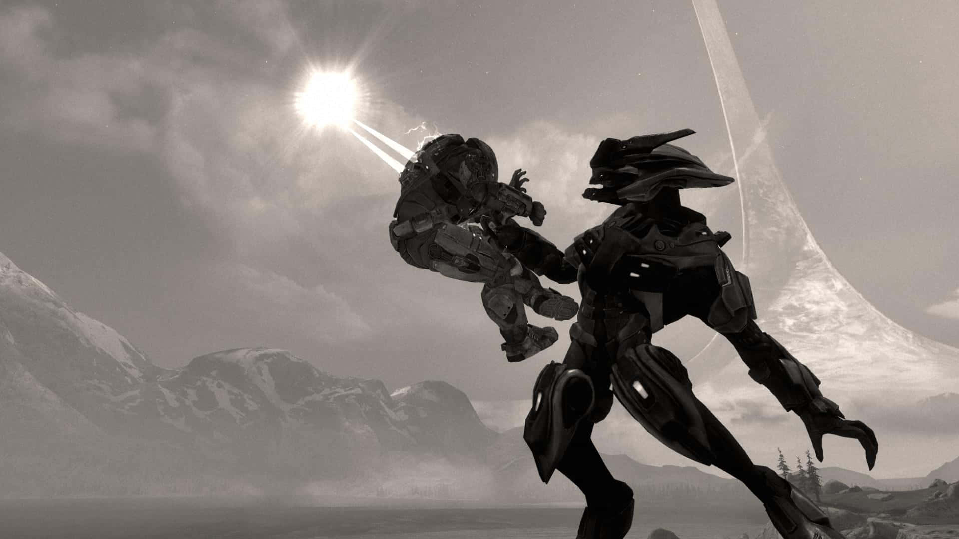 Halo Covenant, monochrome battle, snow-capped mountains, Full HD Desktop Wallpaper