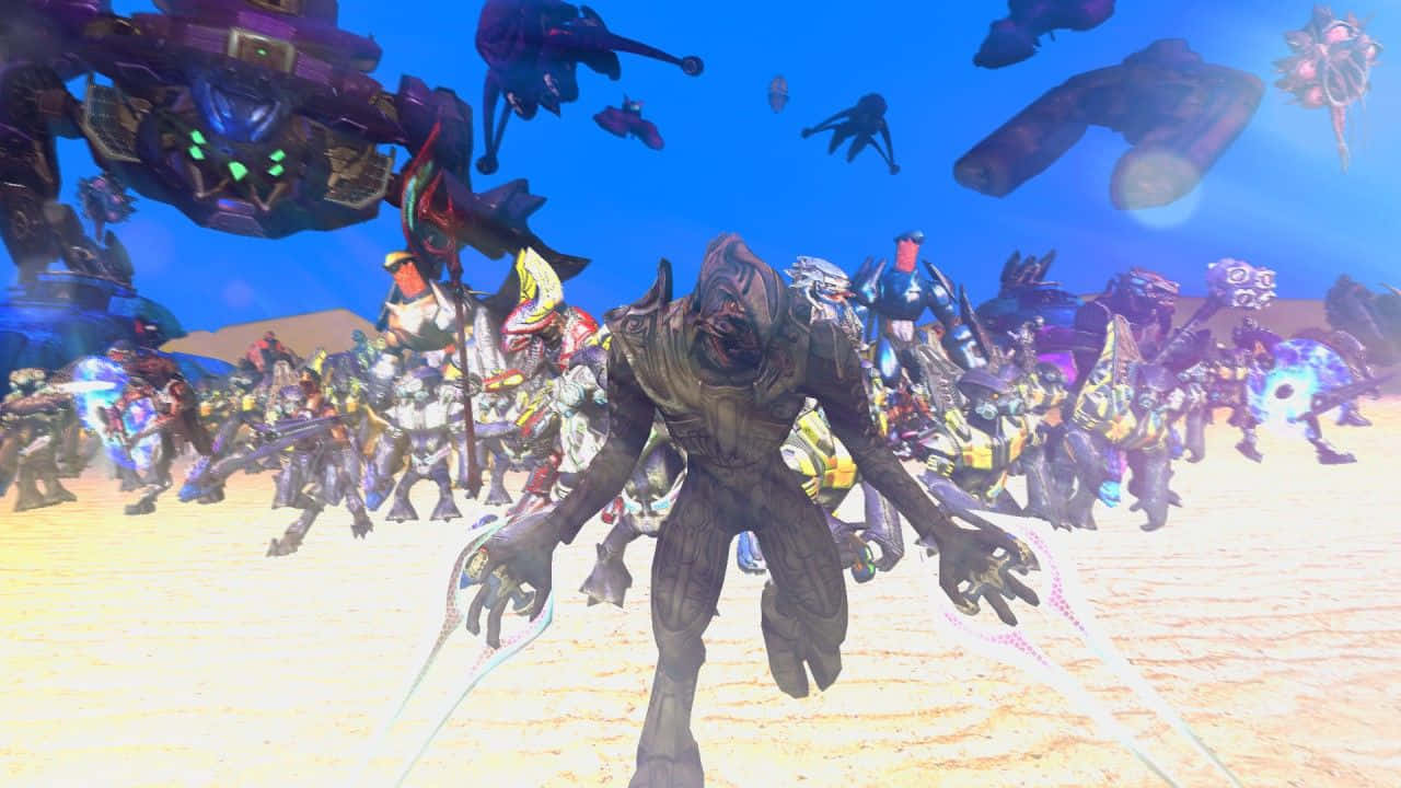 Halo Covenant, desert battlefield, glowing mechs, HD Desktop Wallpaper