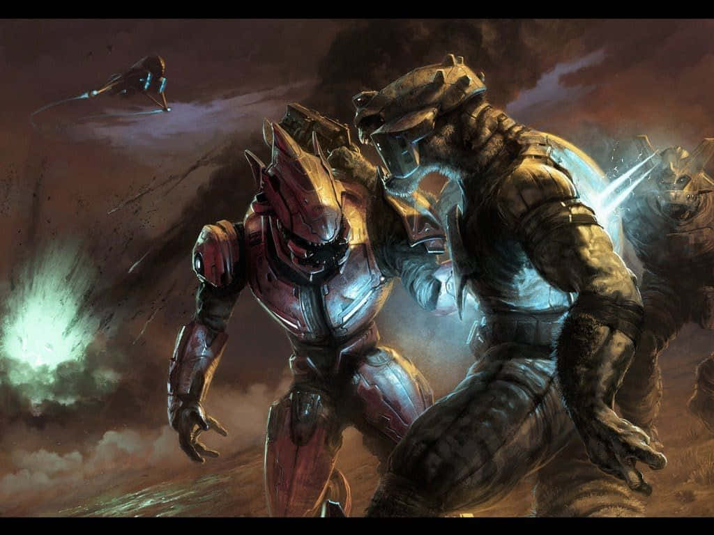 Halo Covenant, armored warriors, fiery battlefield, SD Desktop Wallpaper