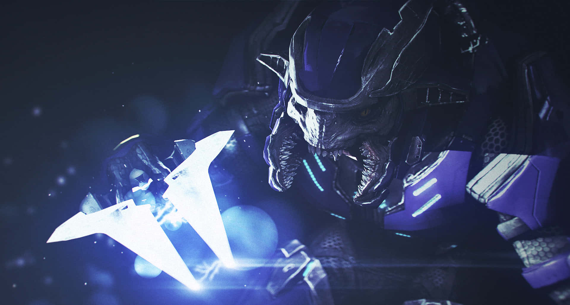 Halo Covenant, armored alien warrior, glowing blue accents, Full HD Desktop Wallpaper