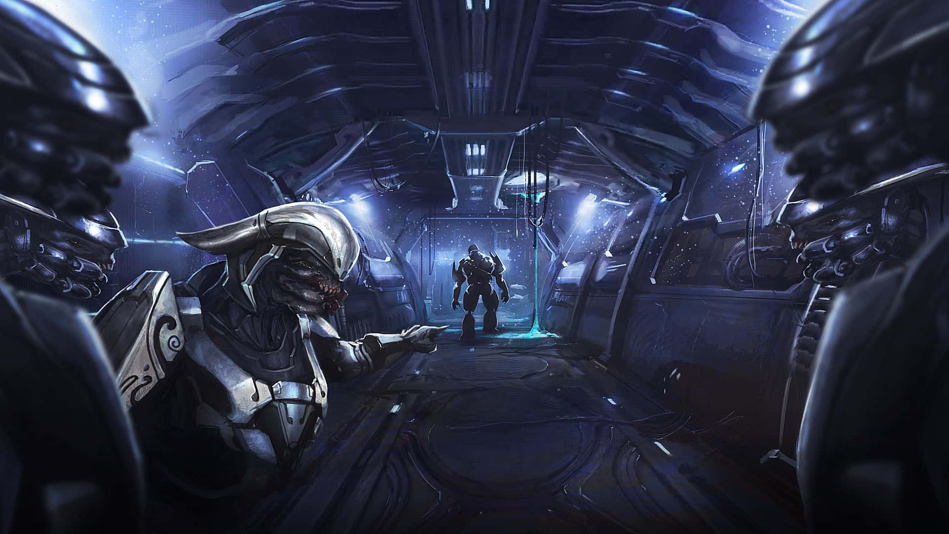 Halo Covenant, futuristic spaceship corridor, armored alien figures, Full HD Desktop Wallpaper