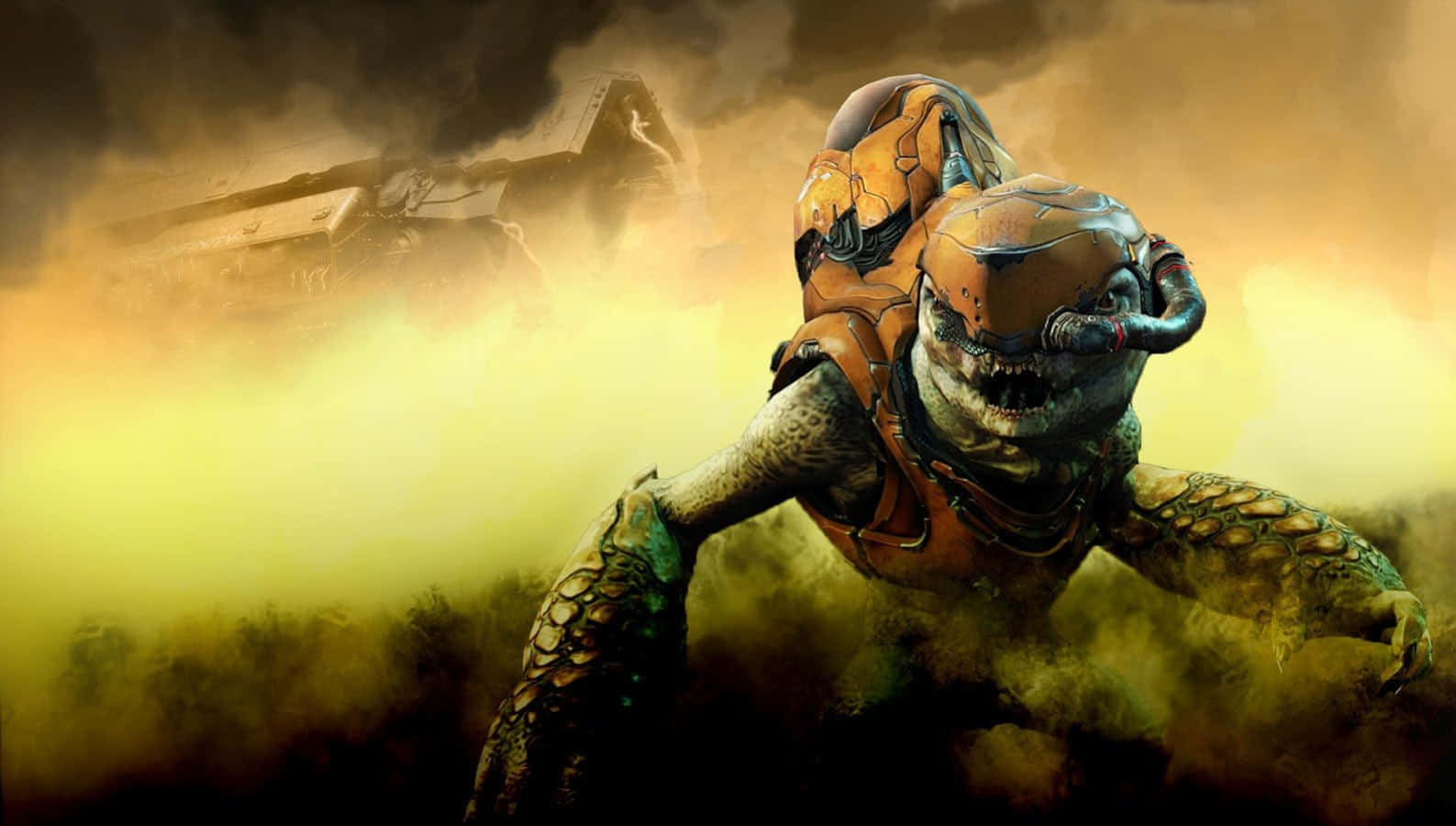 Halo Covenant, armored alien creature, smoky battlefield, HD Desktop Wallpaper
