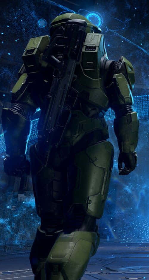 Halo Emile, green armor, futuristic blue-lit space station, SD Phone Wallpaper
