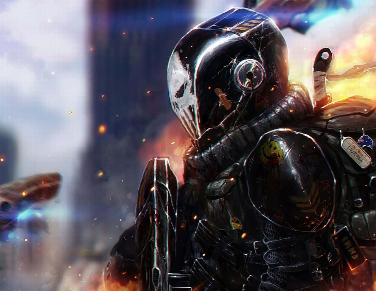 Halo Emile, futuristic helmet, fiery explosions, HD Desktop Wallpaper