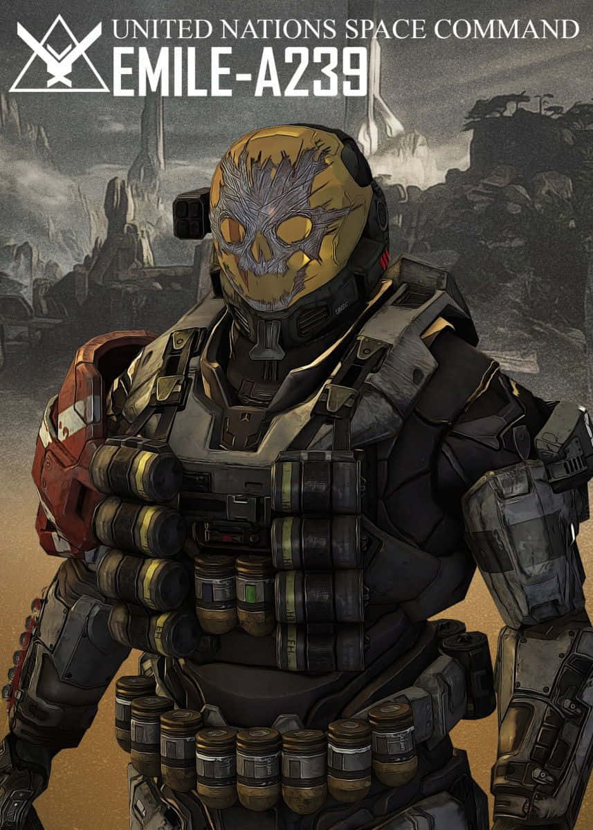 Halo Emile, skull-faced helmet, desolate alien landscape, SD Phone Wallpaper