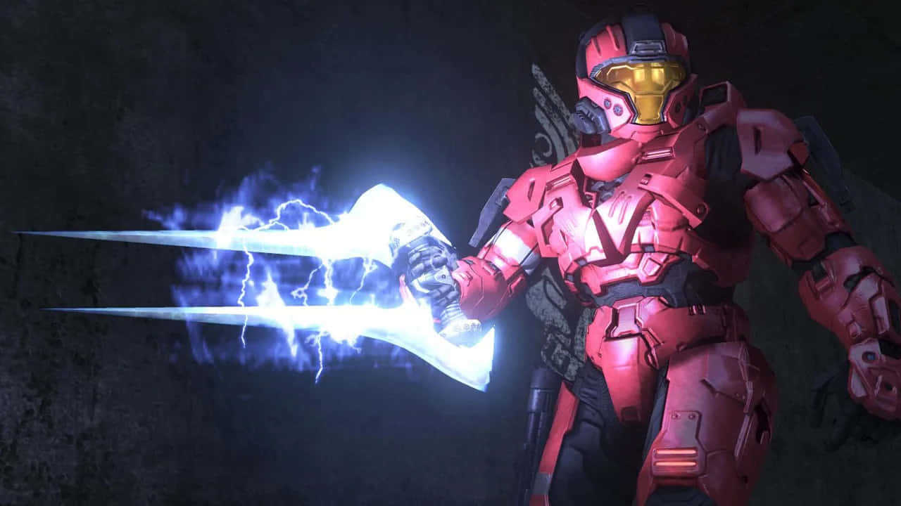 Halo Energy Sword, red-armored soldier, glowing blue energy sword, HD Desktop Wallpaper