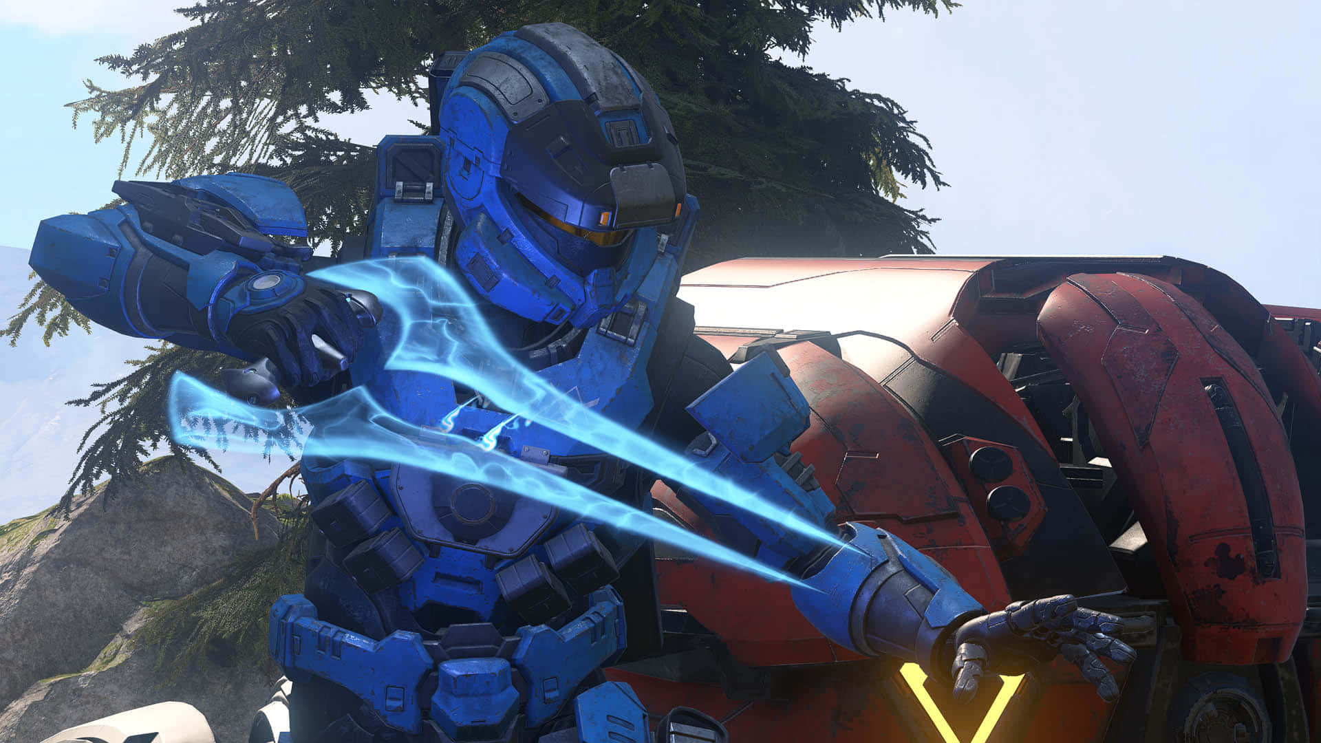 Halo Energy Sword, blue-armored Spartan, glowing energy sword, Full HD Desktop Wallpaper