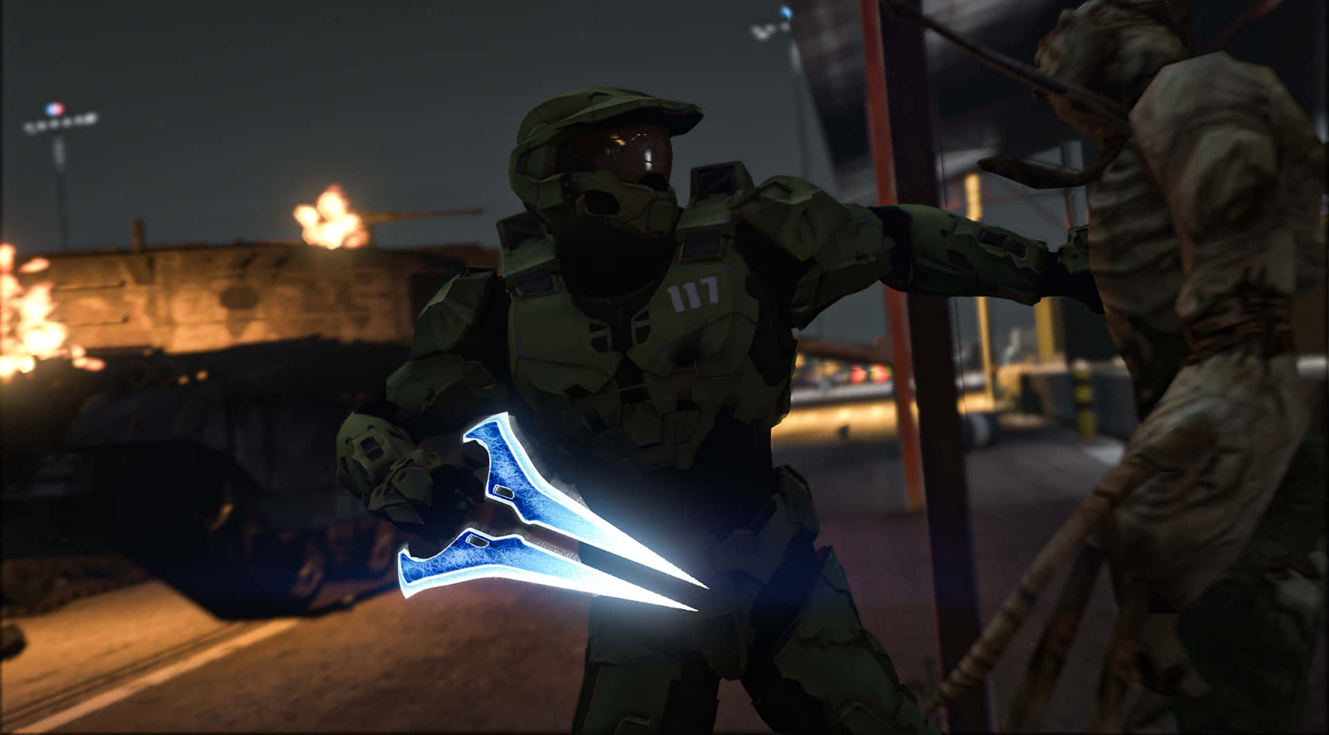Halo Energy Sword, green armor, glowing blue energy sword, Full HD Desktop Wallpaper