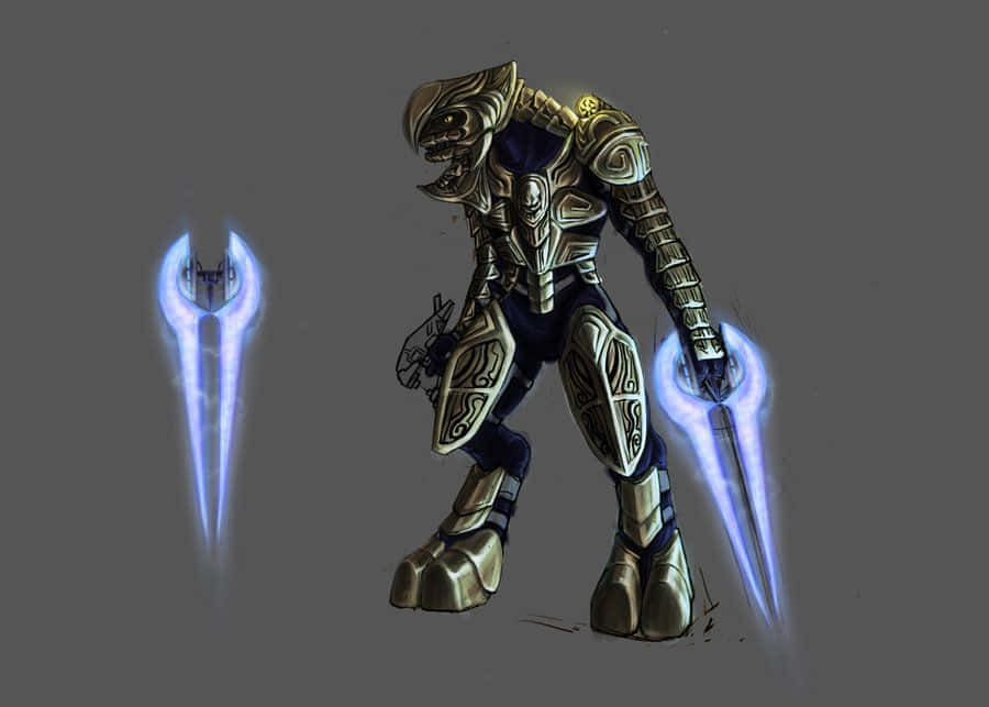 Halo Energy Sword, glowing blue energy blades, armored warrior, SD Desktop Wallpaper