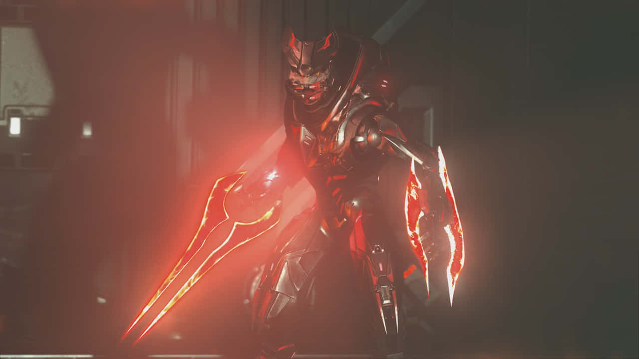 Halo Energy Sword, glowing red blades, dim futuristic corridor, HD Desktop Wallpaper