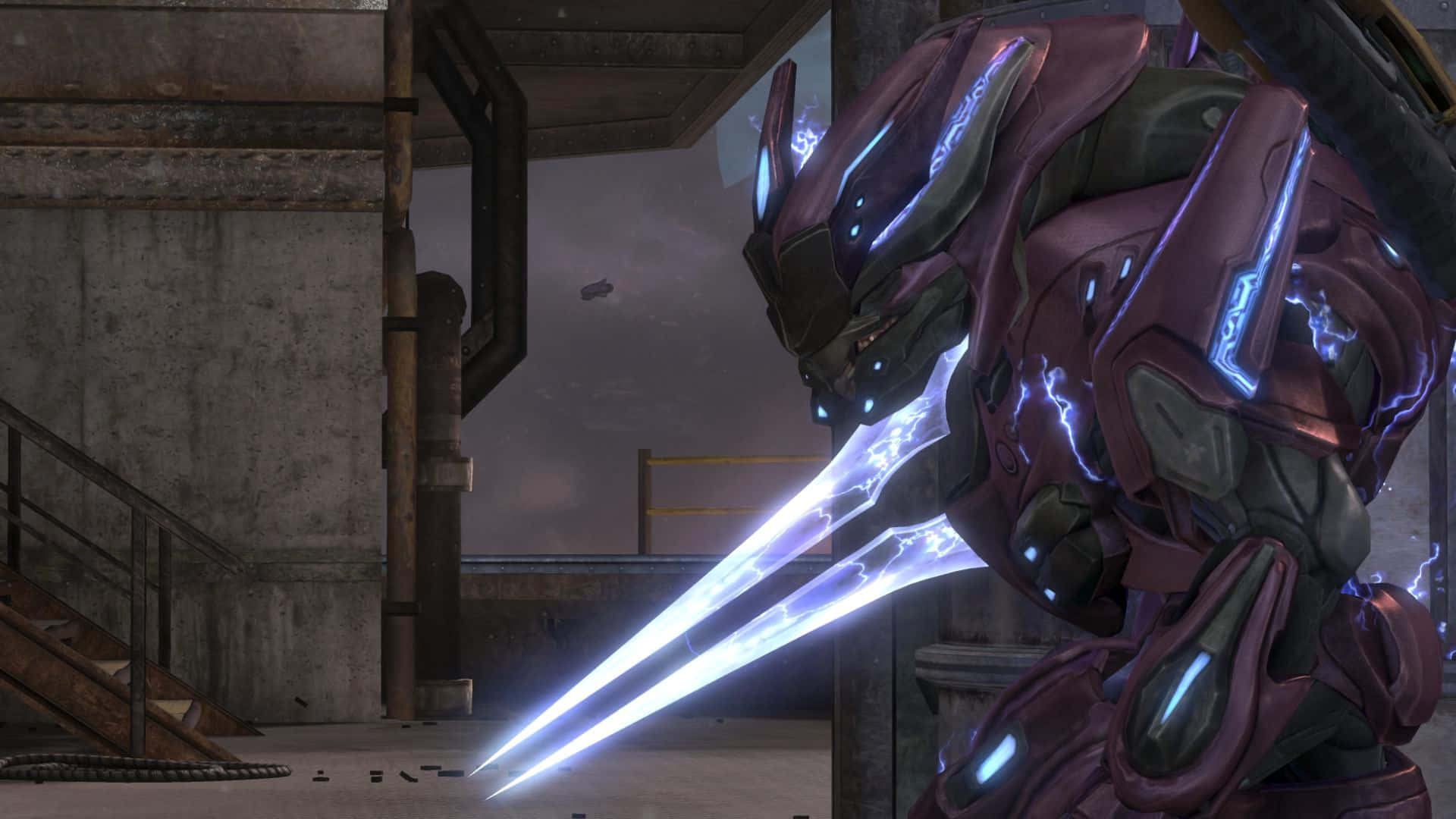 Halo Energy Sword, purple armored warrior, glowing blue energy blades, Full HD Desktop Wallpaper