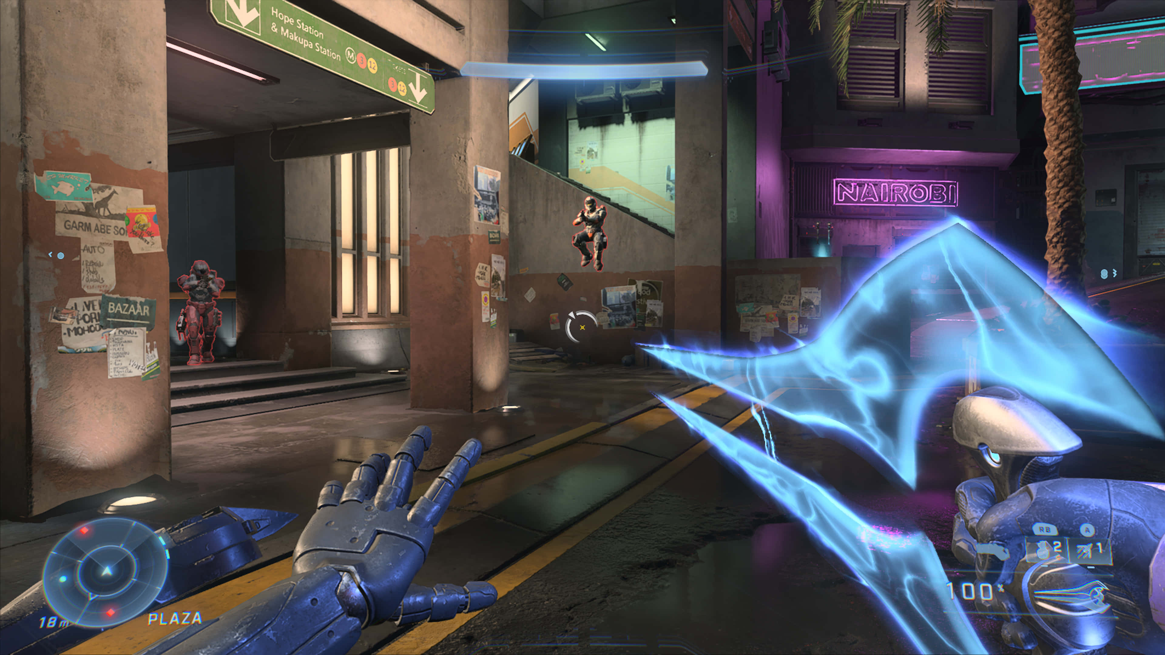 Halo Energy Sword, blue energy weapon, neon-lit urban alleyway, 4K Desktop Wallpaper