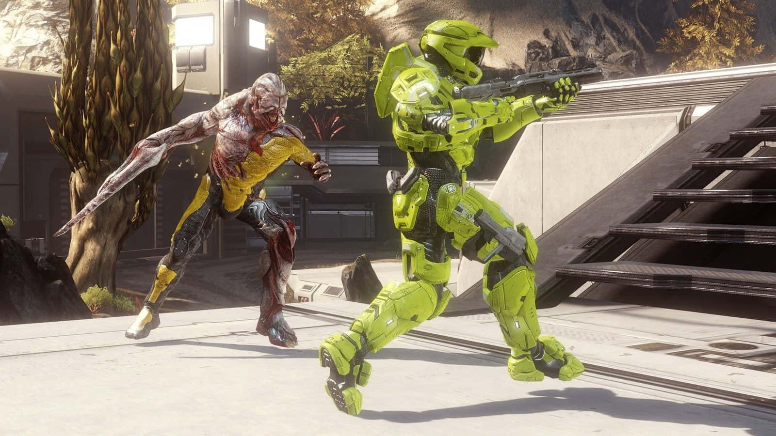 Halo Flood, green-armored soldier, yellow and red alien creature, HD Desktop Wallpaper