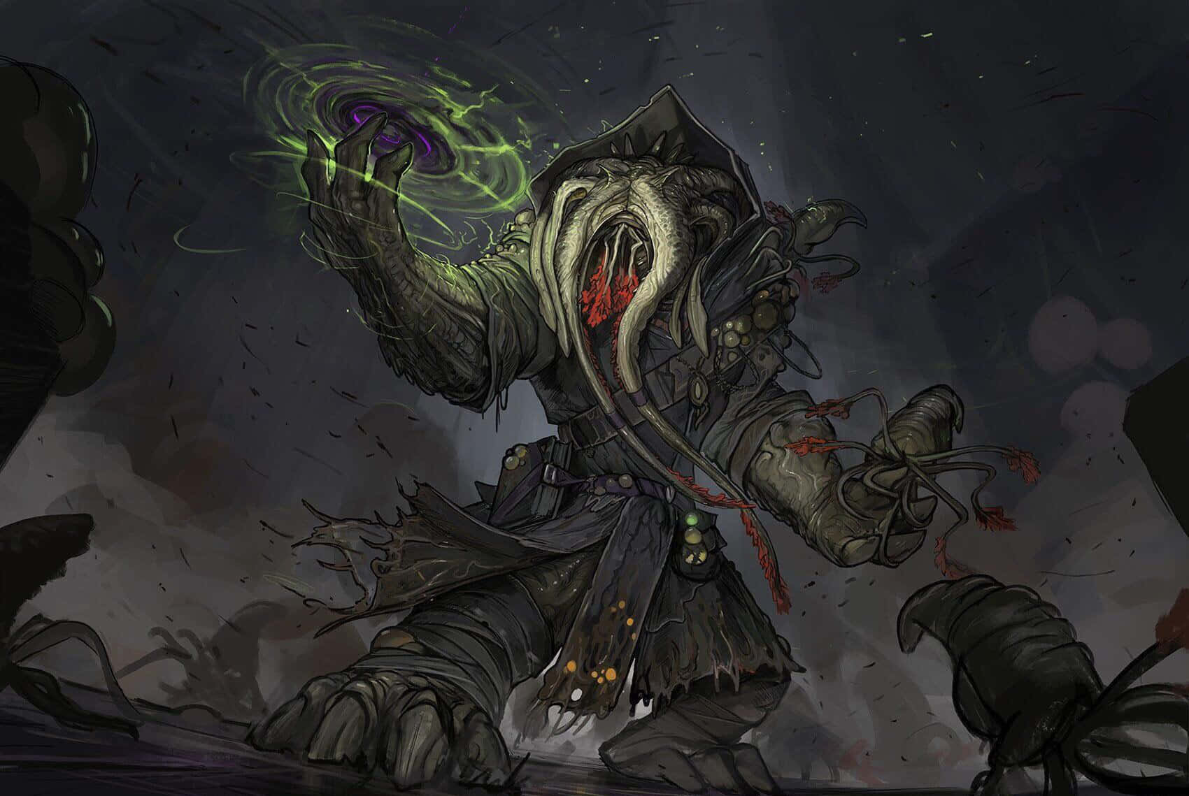 Halo Flood, glowing green magic swirls, hooded monster, HD Desktop Wallpaper